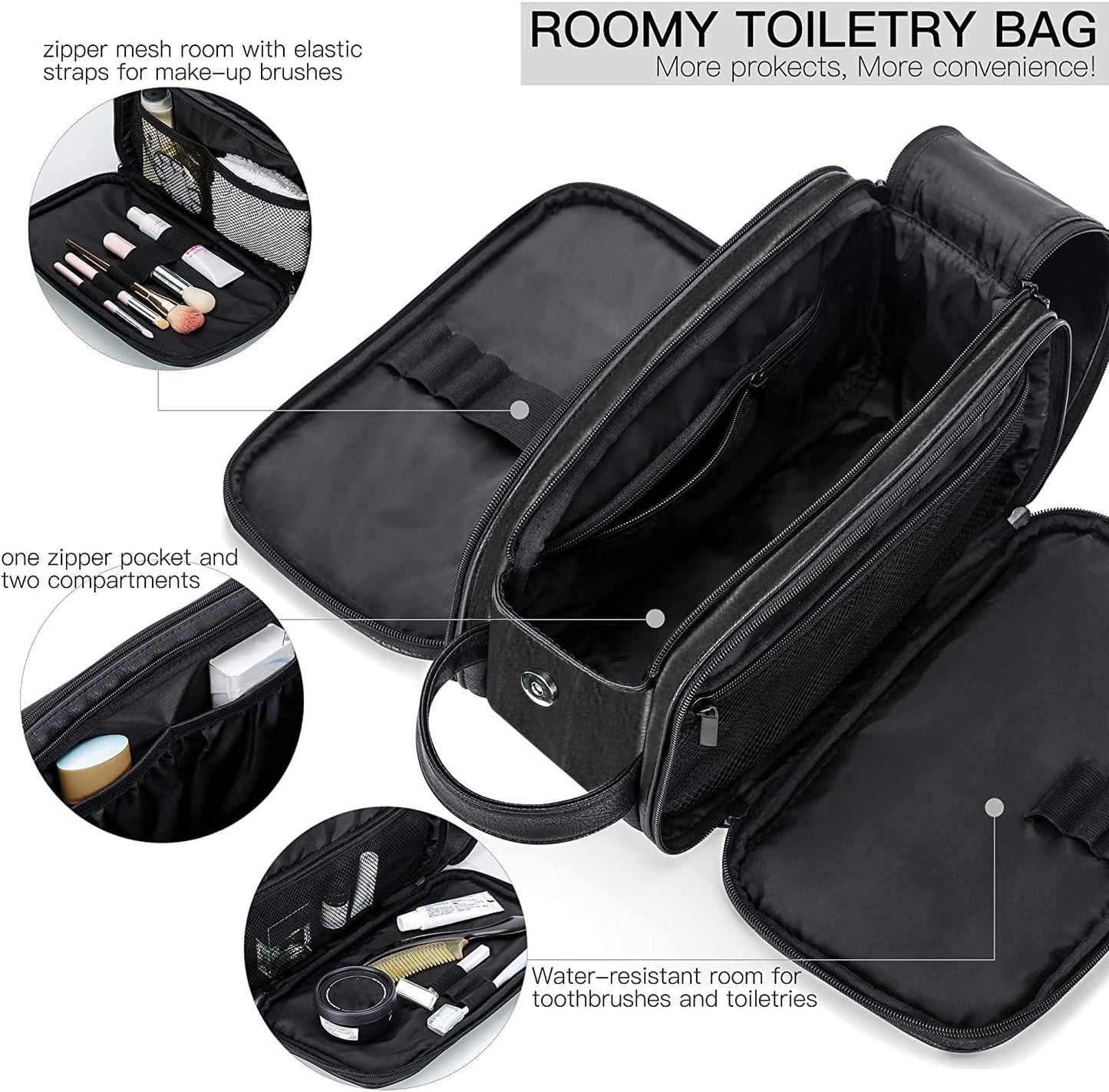 Elviros Toiletry Bag for Men, Large Travel Shaving Dopp Kit Water-resistant Bathroom Toiletries Organizer PU Leather Cosmetic Bags Fathers Day Gift(Medium, Black)