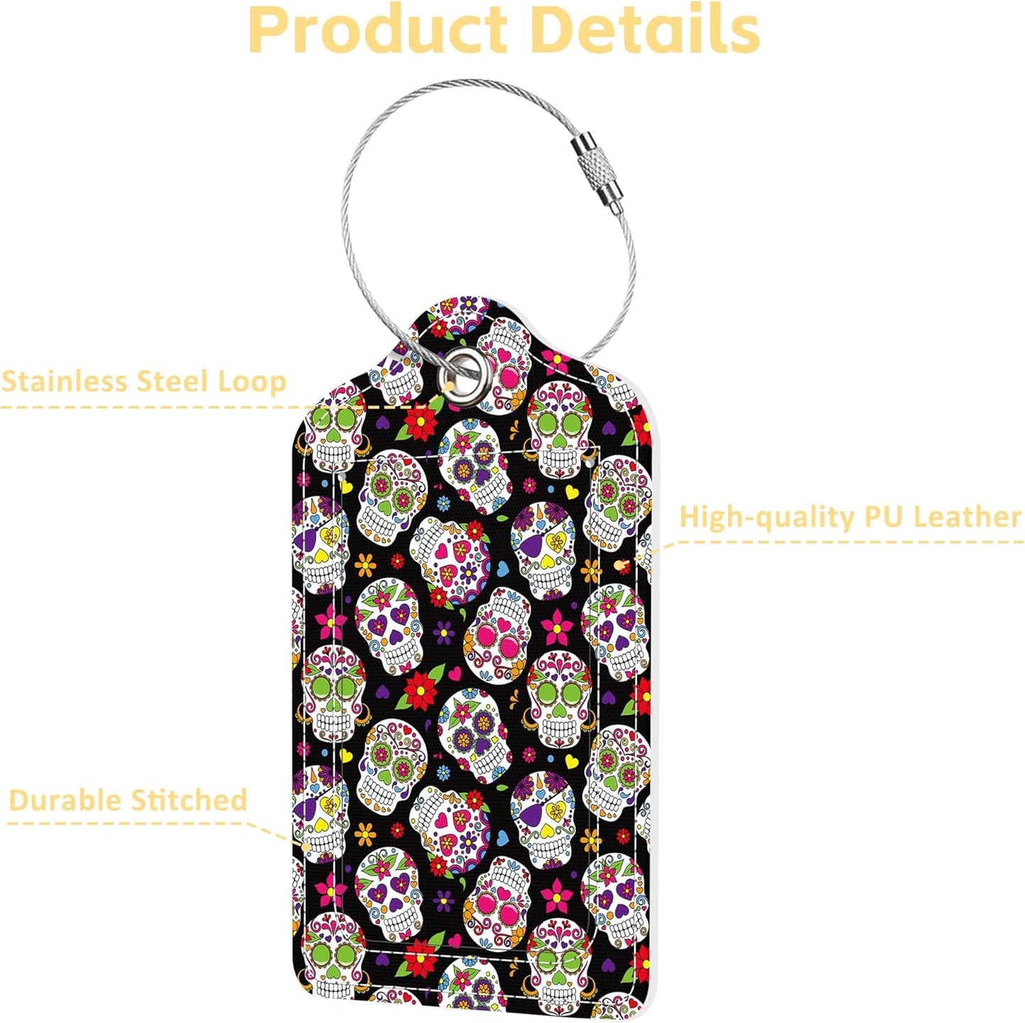 2 Pack Luggage Tags for Suitcase Colorful Sugar Skull Leather Stainless Steel Loop Label Tags for Women Men Travel Bag Suitcase with Privacy Cover Name ID Card
