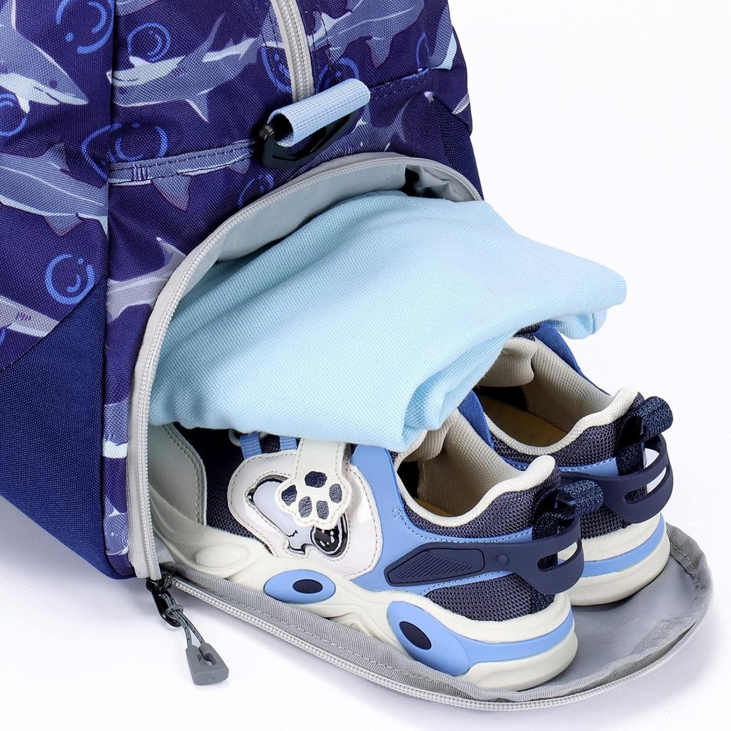 Choco Mocha Kids Duffle Bag - Boys Shark Travel Overnight Bag for Toddlers - Weekender Duffel for Children's Gym Sports Sleepover - 6-8 Gift Navy