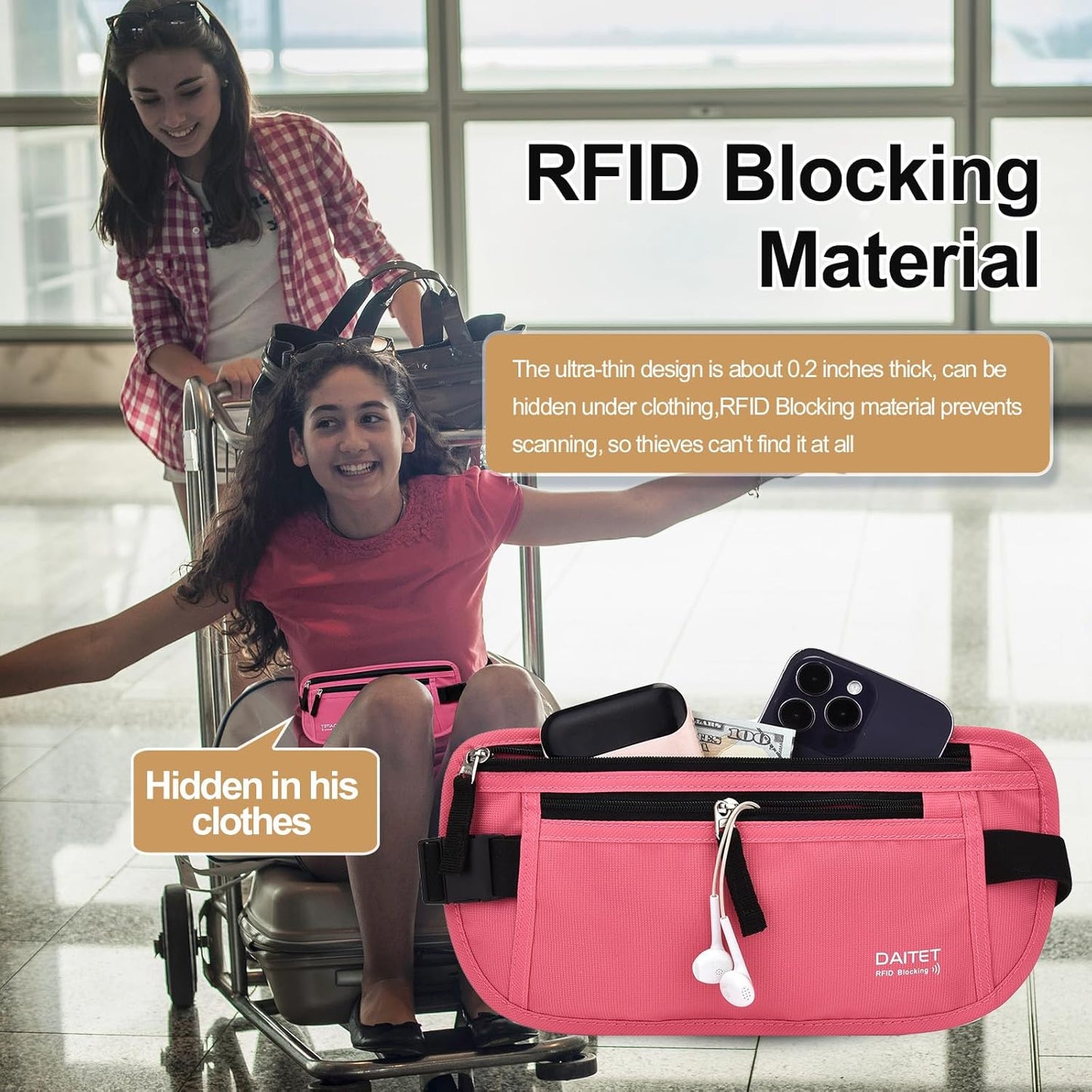 RFID Blocking Money Belt for Men Women, Slim Fanny Pack for Travel，Running,Conceal Waist Wallet for Passport Holder,Phone,Cash(Hot Pink)