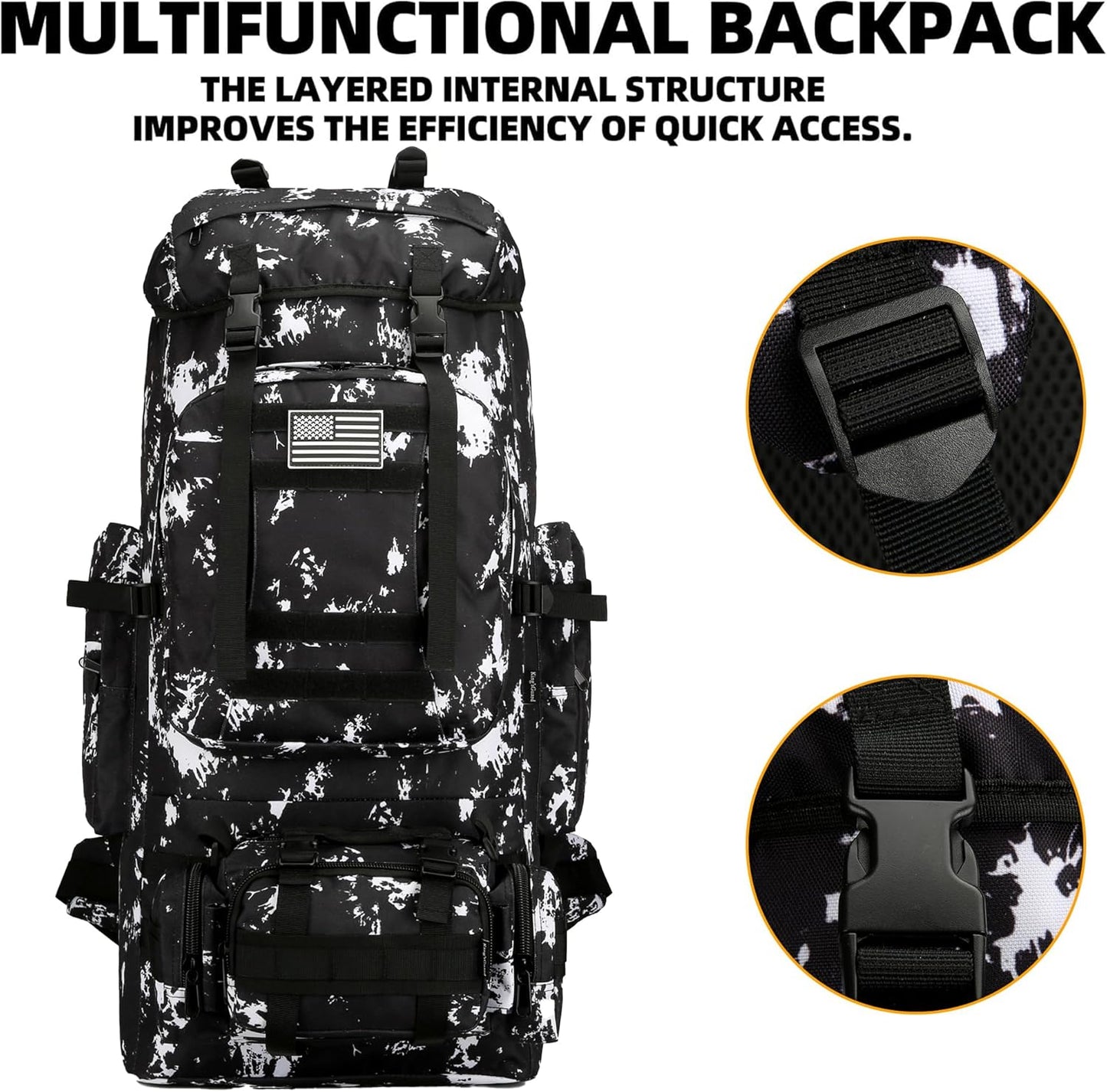 King'sGuard 100L Camping Hiking Backpack Molle Rucksack Military Camping Backpacking Daypack (Black