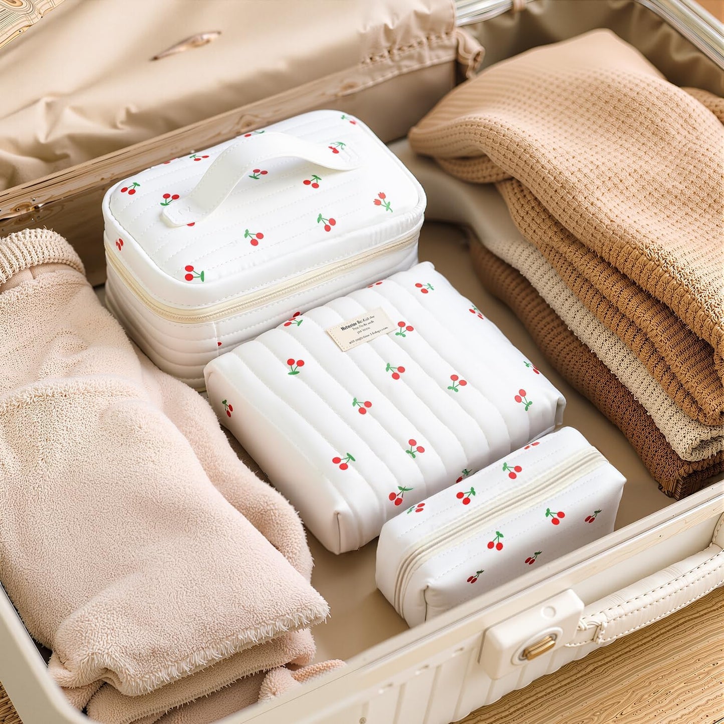 3Pcs Cotton Quilted Makeup Bag for Women Girls, Large Floral Cosmetic Bag Set Cute Makeup Brushes Aesthetic Accessories Storage Bag Cherry Travel Toiletry Bag Organizer