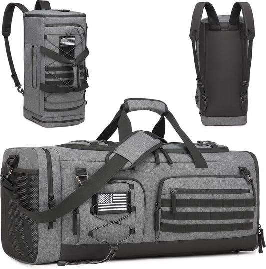 Gym Bag for Men and Women, 50L Extra Large Duffle Bag, 3-in-1 Travel Sports Duffel Bags with Shoe & Laptop Compartment for Overnight Weekender Gym Traveling Workout Deployment, Black + Gray