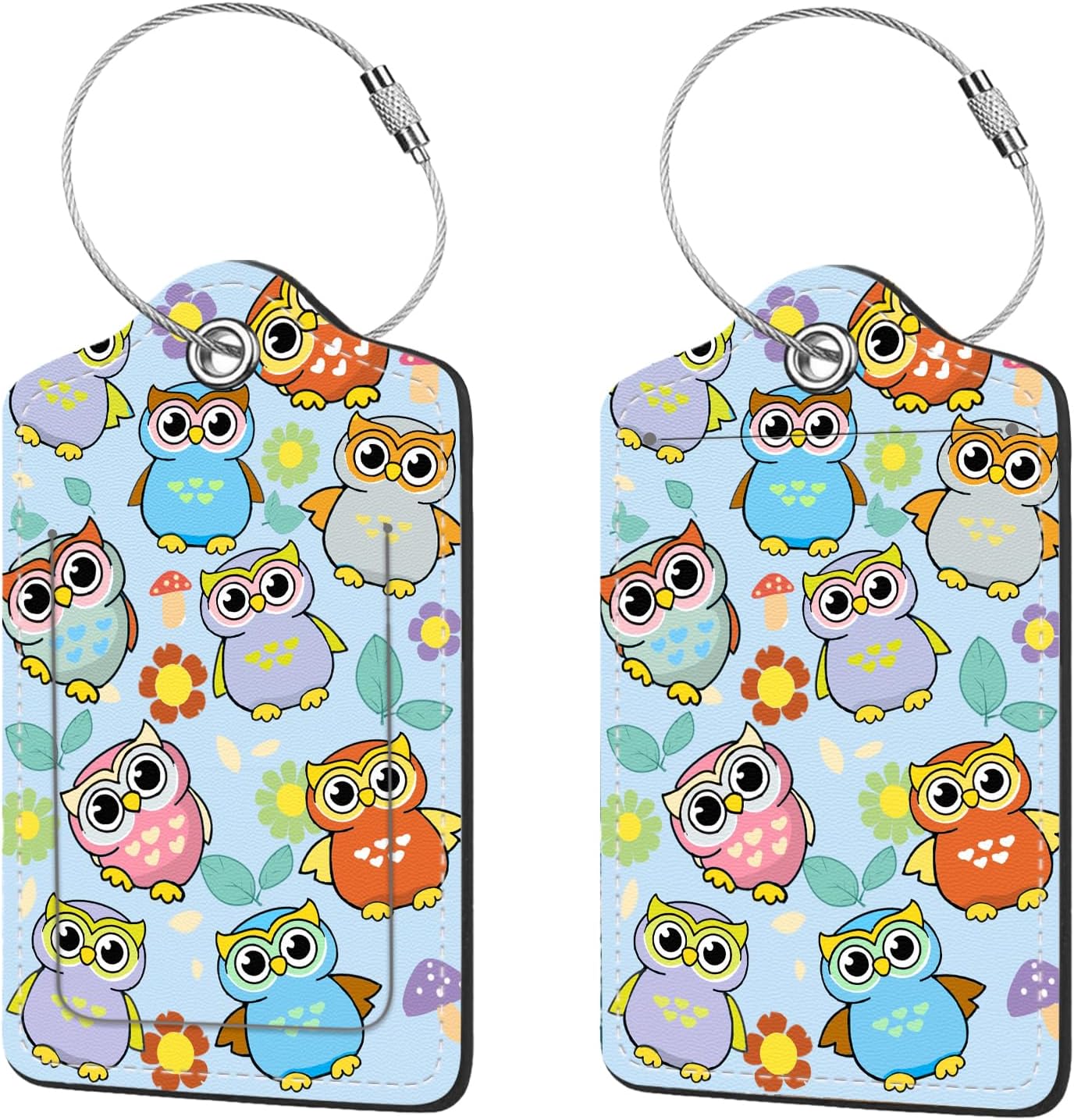 2 Pcs Luggage Tags for Suitcase, Cute Unique PU Leather Travel Bag Tag with Privacy Cover ID Label Address Card and Durable Metal Ring Suitable for Men Women Children Backpack,Owls