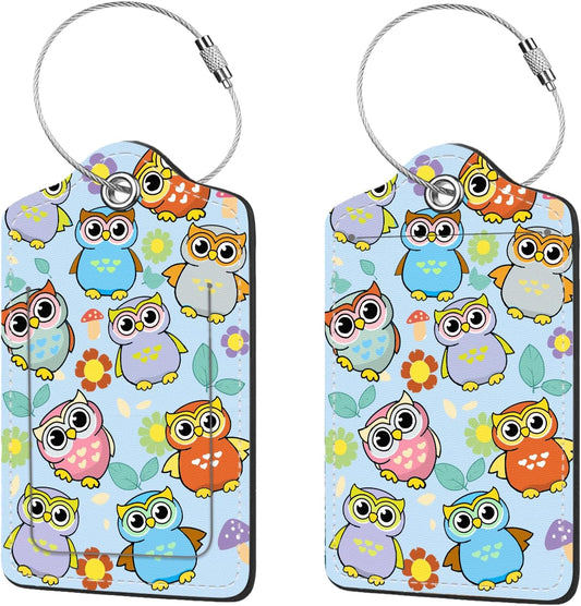 2 Pcs Luggage Tags for Suitcase, Cute Unique PU Leather Travel Bag Tag with Privacy Cover ID Label Address Card and Durable Metal Ring Suitable for Men Women Children Backpack,Owls