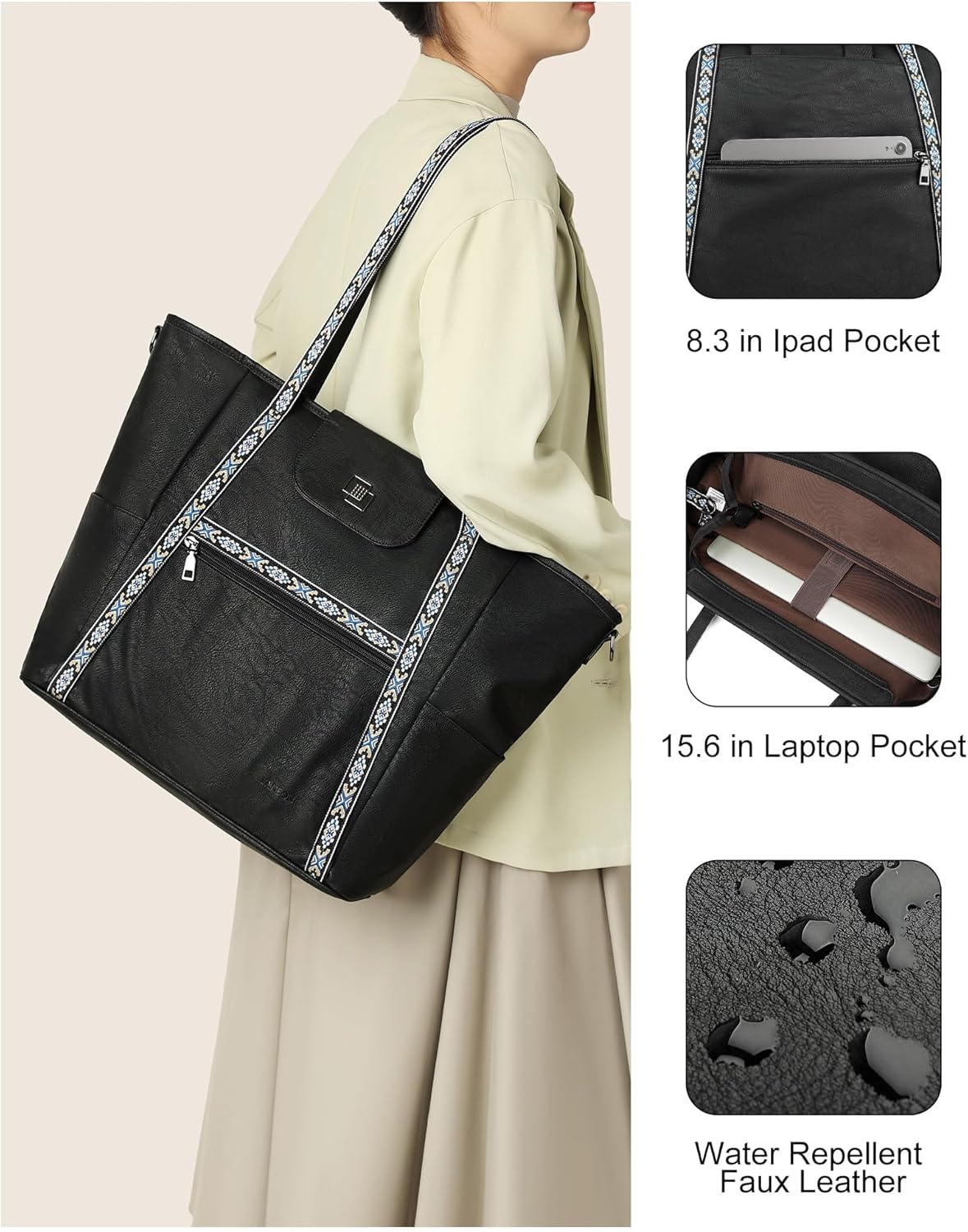 FADEON Large Laptop Tote Bag for Women Designer Leather Laptop Bag Fashion Travel Backpack Purse Shoulder Handbag