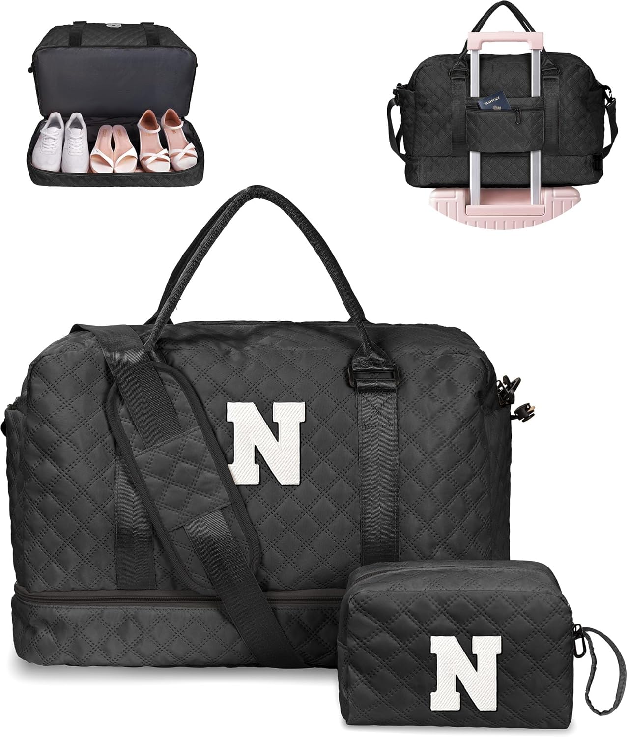 Navy Duffel Bag - Personalized Initial, Weekender, Overnight, Travel Bag with Shoe Compartment & Makeup Bag, Size 12x7x2 inches