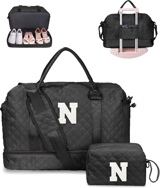 Navy Duffel Bag - Personalized Initial, Weekender, Overnight, Travel Bag with Shoe Compartment & Makeup Bag, Size 12x7x2 inches