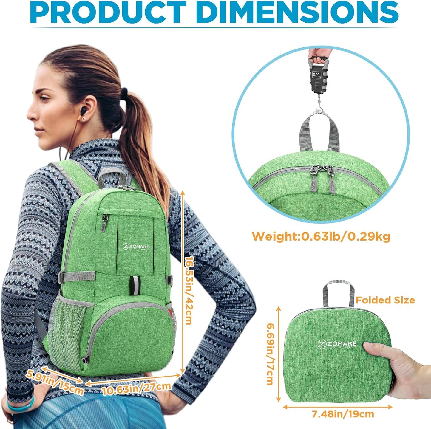 ZOMAKE Ultra Lightweight Packable Backpack 25L,Small Foldable Backpacks Hiking Water Resistant Collapsible Daypack for Women Men(Dark Green-B3)