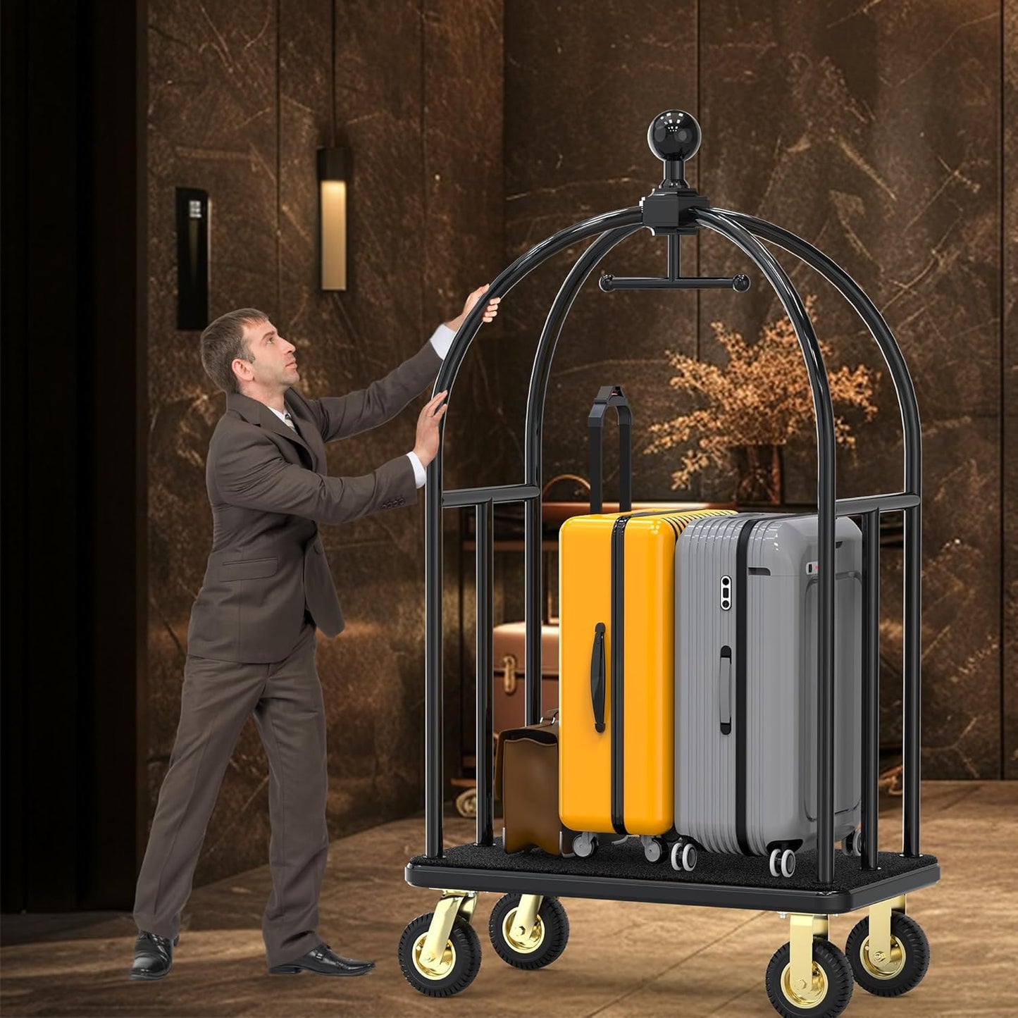 Hotel Luggage Cart,1100 lbs Brushed Stainless Steel Bellman Trolley, Valet Cart with Black Nylon Carpeted Deck Bumper Rails & 8-inch Silent Rubber Pneumatic Wheels– for Hotels, Resorts & Condos