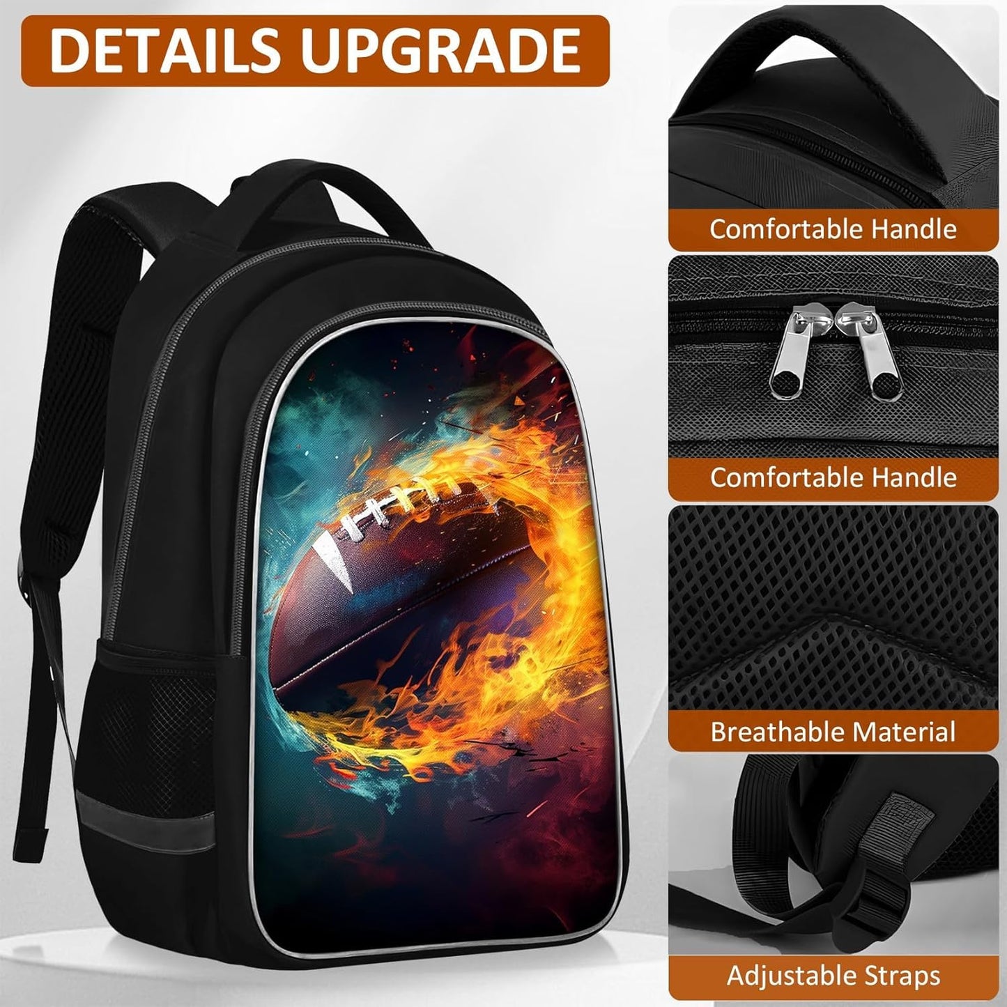 School Backpack for Boys - 4pcs American Football Boys Backpack with Lunch Box Set for Kids Children Teens Elementary Middle School - 17″ Sport Bookbag Travel Back Pack for Age 6-18