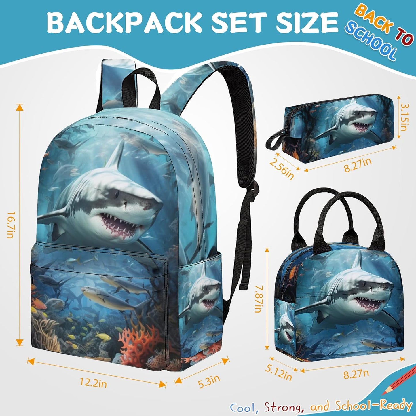 3PCS Shark Backpack Set for Boys, Large Lightweight 17 Inch Backpack with Lunch Box & Pencil Case for Kids, Back to School Bookbag for Elementary School
