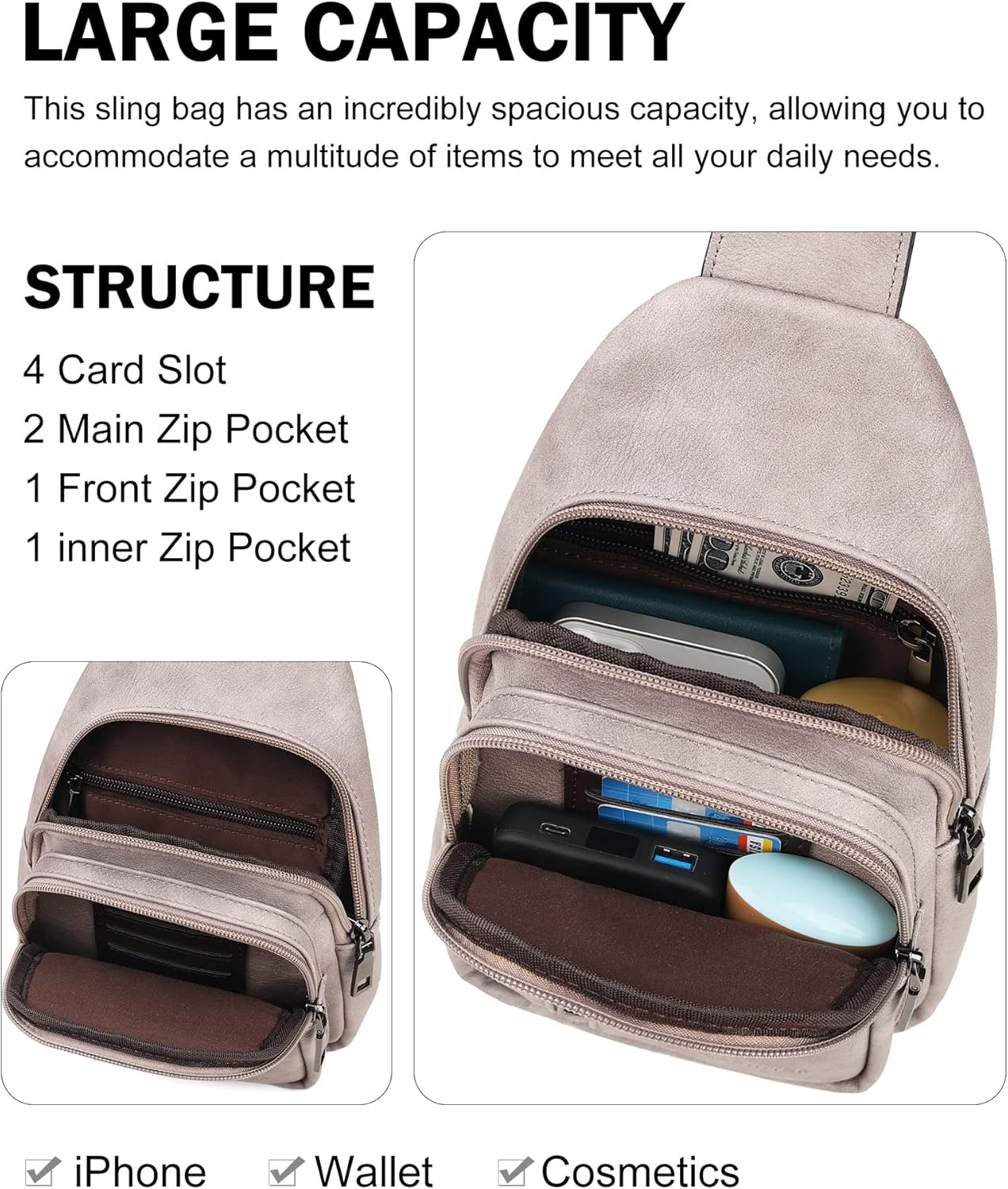 MASINTOR Sling Bag for Women - Crossbody Bags Fanny Pack with Vegan Leather - Adjustable Sling Backack for Travel