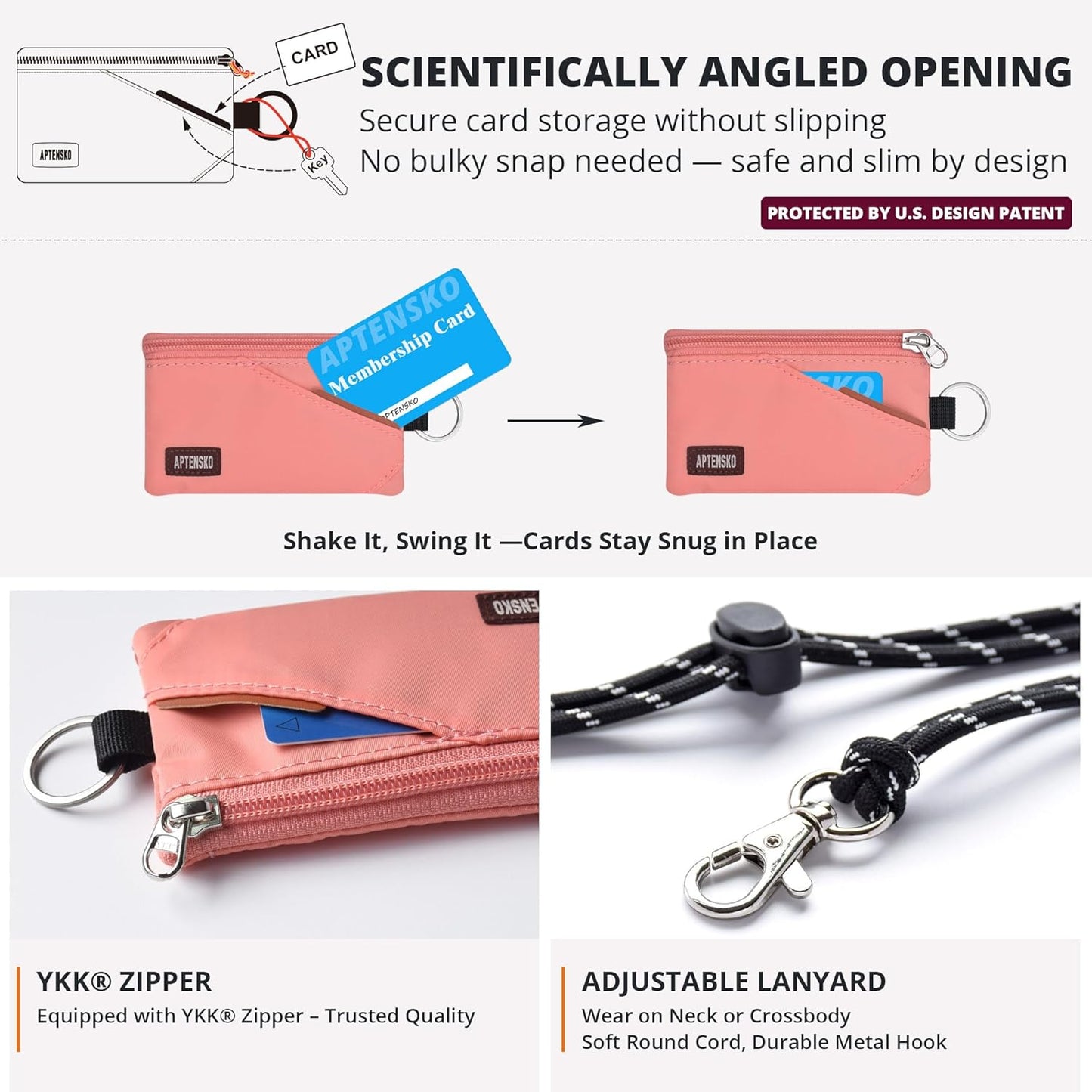 RFID Travel Wallet with Adjustable Lanyard-Zipper Small Wallet with ID Card Holder, Keychain for women&men-Minimalist Slim Waterproof Nylon case for ID, Cash, Key (Coral Blush)
