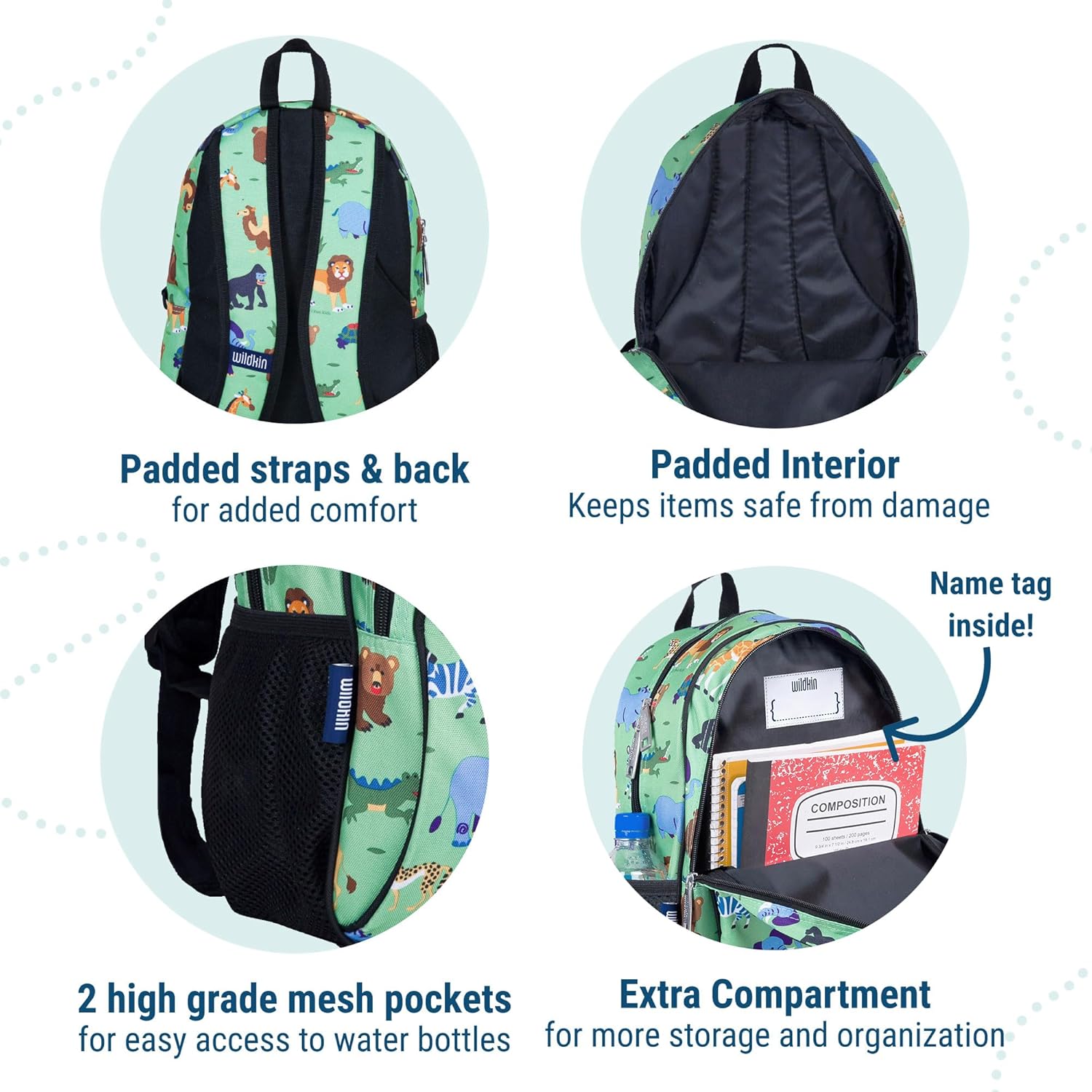 Wildkin 15-inch Kids Backpack – Durable, Padded, Adjustable for School & Travel - Wild Animals