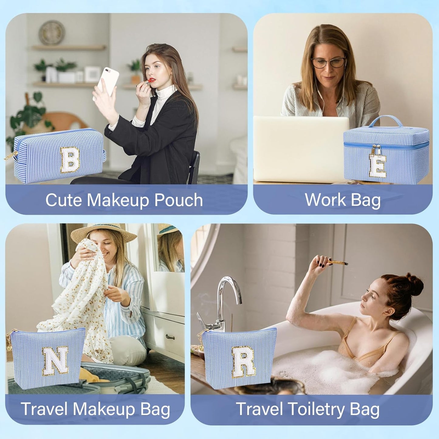 Personalized Monogram Makeup Bag, 3PCS Custom Monogrammed Toiletry Cosmetic Bag for 6-18 Teen Girls Women,Birthday Graduation Gifts Initial Pouch Makeup Bags for Women Girls, Make Up Bag (Q, Blue)