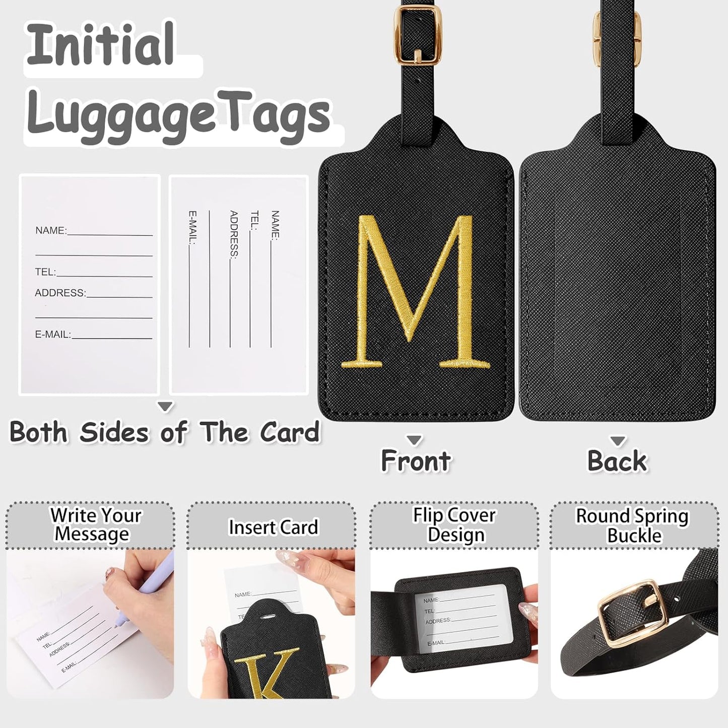 Personalized Initial Luggage Tags for Suitcases, Cute PU Leather Embroidered Letter Travel Luggage Tags, Suitcase Identifier Name Baggage Tag, Bag Tags for Men Women Kids Luggage Handbags(Black M)