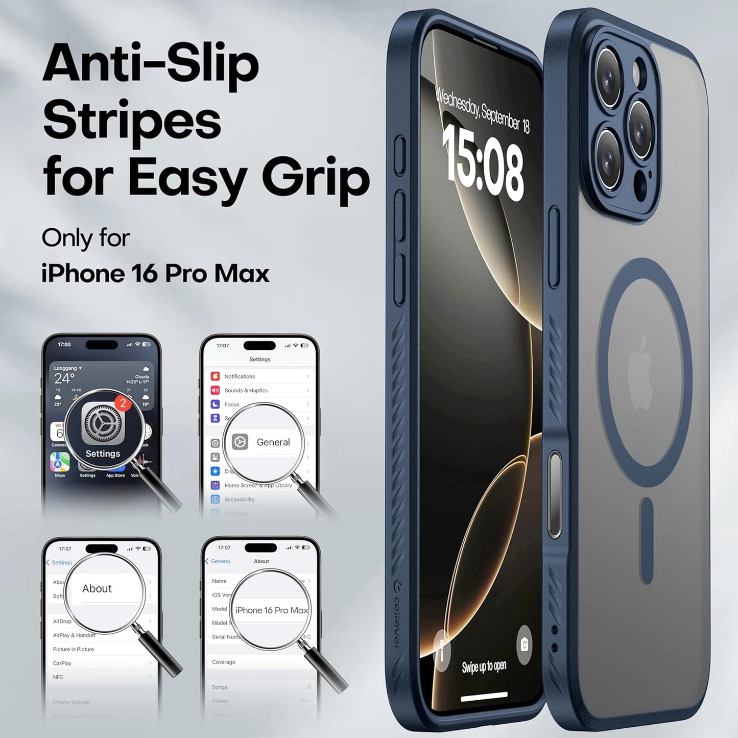 CellEver Strong Magnetic for iPhone 16 Pro Max Case with Camera Control Capture Button [Camera Protection] [Military Drop Protection] [Compatible with MagSafe] Slim Translucent Matte Cover, Navy Blue