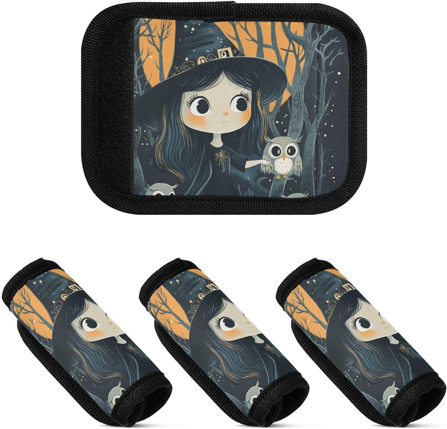 Gothic Halloween Witch and Owls Trees 4 Pack Luggage Handle Wraps Covers for Suitcase Identifiers