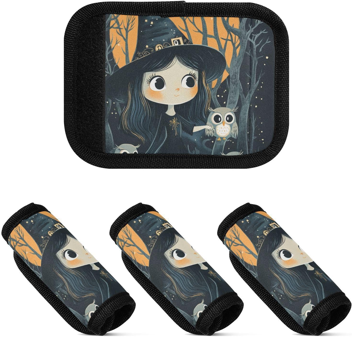 Gothic Halloween Witch and Owls Trees 4 Pack Luggage Handle Wraps Covers for Suitcase Identifiers