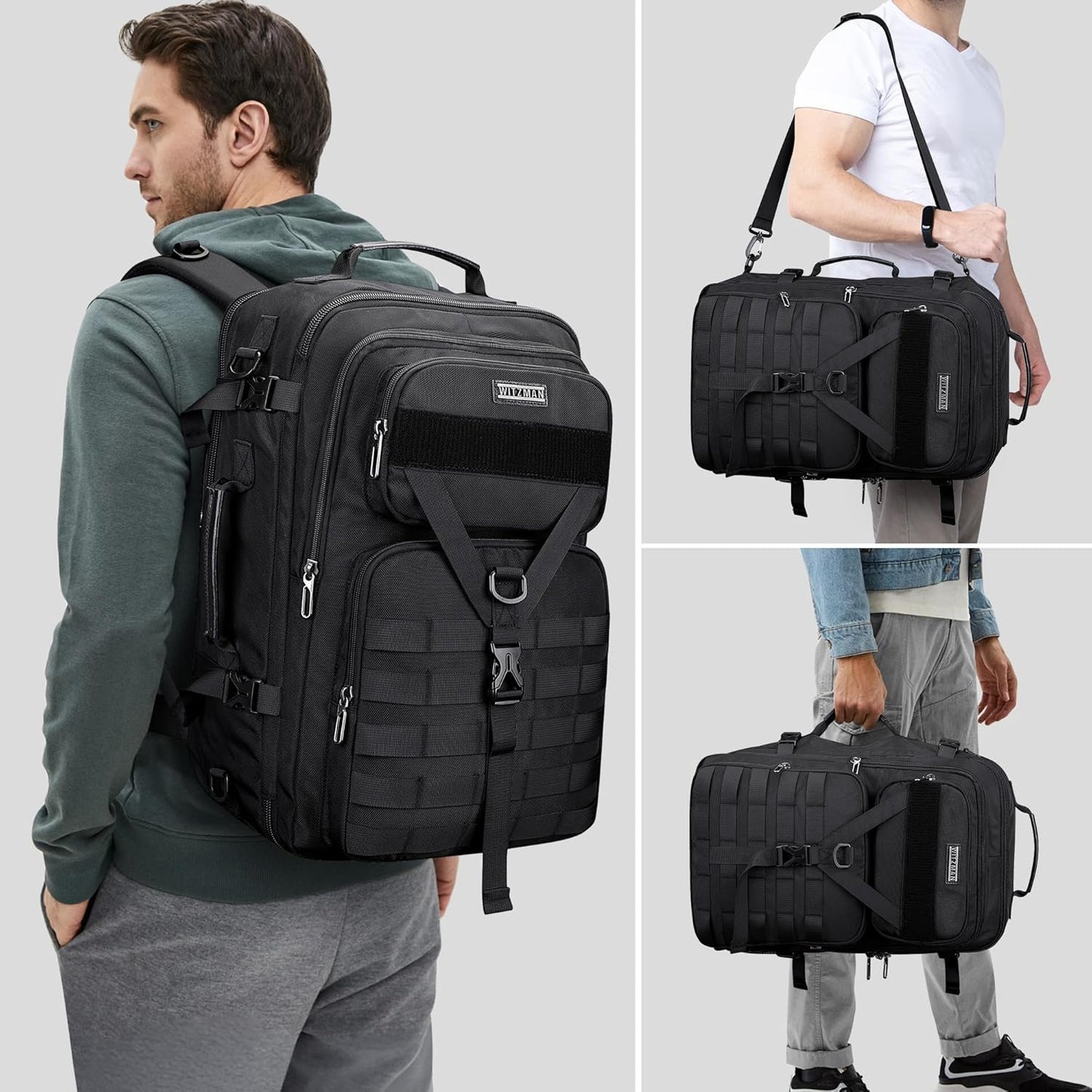 WITZMAN Carry On Travel Backpack for Men Large Convertible 45L Fit 17 Inch Laptop Backpack 3 in 1 Bag for Airline Approved(B688 Black)