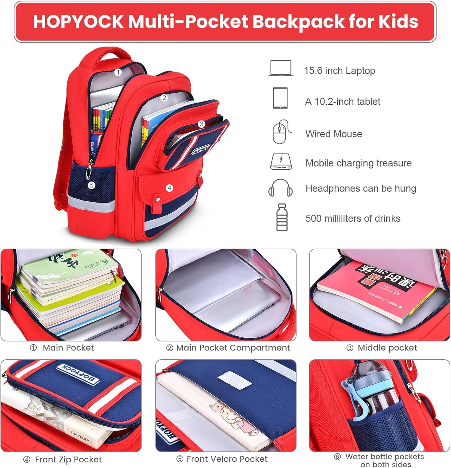 HOPYOCK-School Bags for Boys and Girls,Multi-Pocket Unisex Elementary School Backpack with Reflective Design,Kids Backpacks Fit for 4-12 Years Old