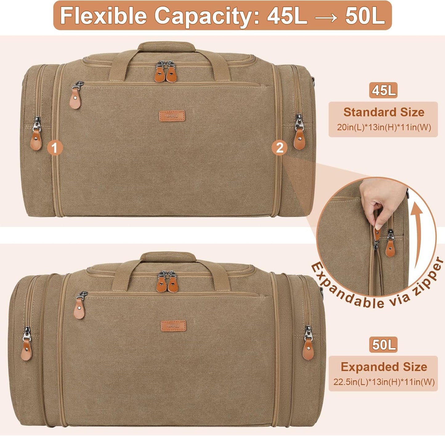 Canvas Mens Duffle Bag for Travel - Expandable 50L Weekender Bags with Toiletry Bag, Overnight Bag Travel Duffel Carry On Luggage with Removable Shoulder Strap, Durable & Water-Resistant