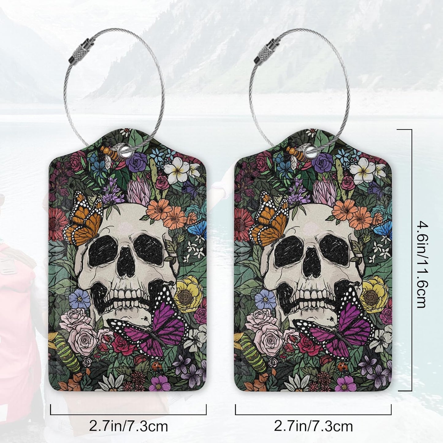 Luggage Tag for Suitcase Gothic Skull Flowers Cute Luggage Tag with Privacy Flap & Name ID Label & Metal Loop,Travel Suitcase Tags for Women 2Pcs