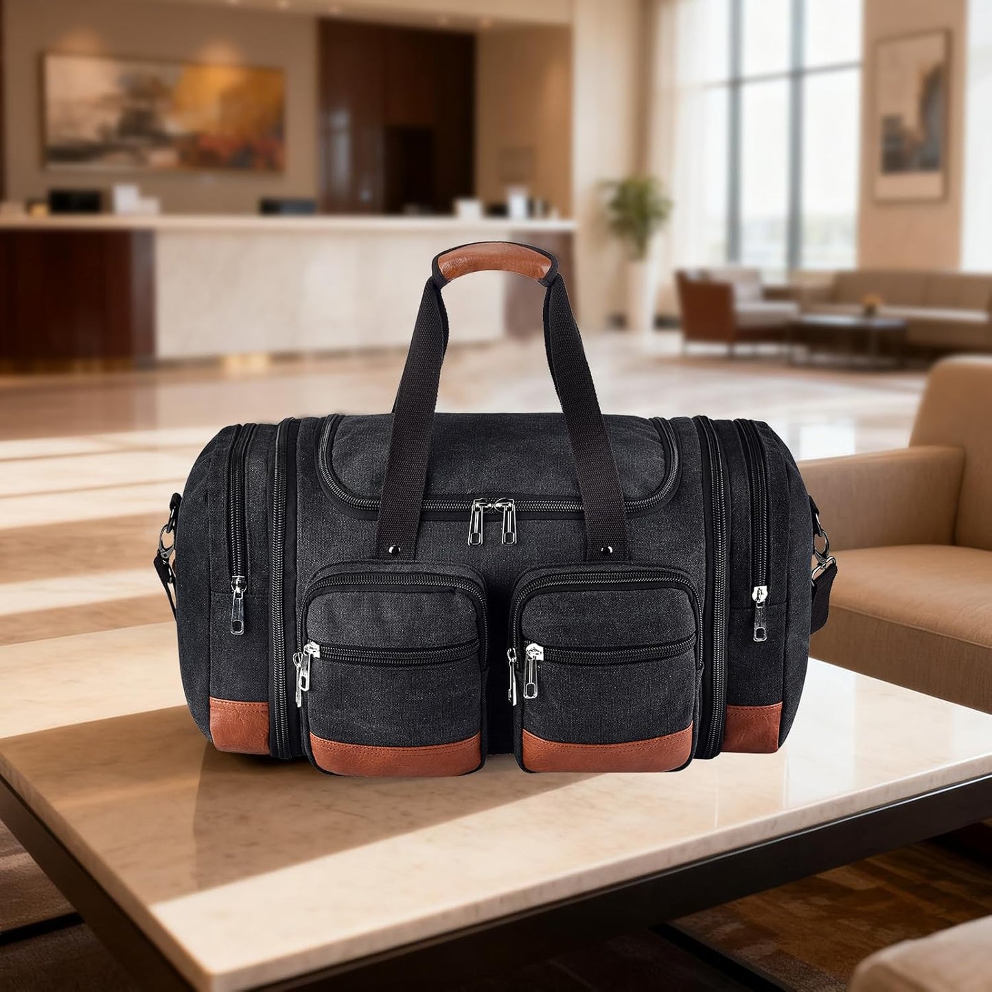 Canvas Duffle Bag For Travel, 50L Expandable Carry on Overnight Travel Duffel Bags with Laptop Compartments Weekend Gym Bag for Men(Black)