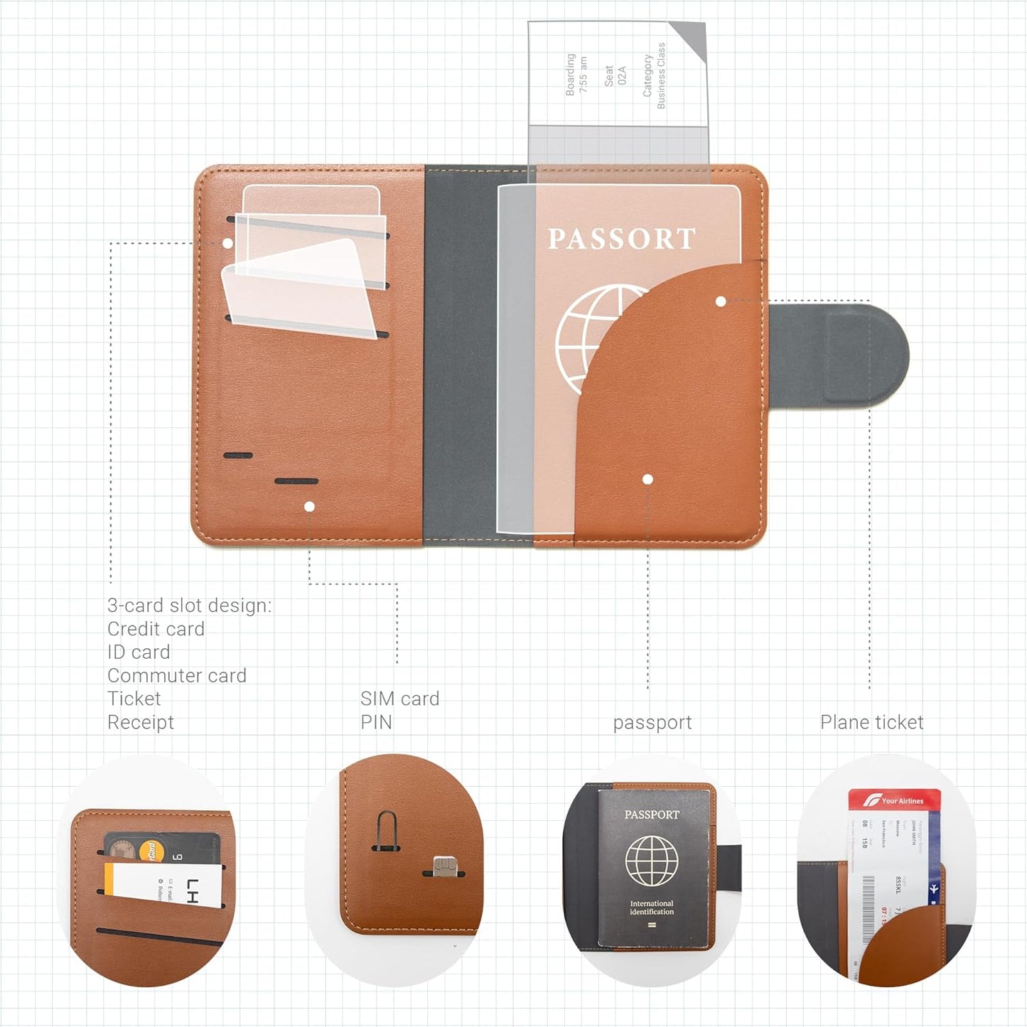 LHiDS Leatherette Passport Holder with RFID Protection, Premium PU Leather, Snap Button Closure, Travel Passport Wallet Cover for Passport, Boarding Passes, Business Cards, Cash (Classic Brown)