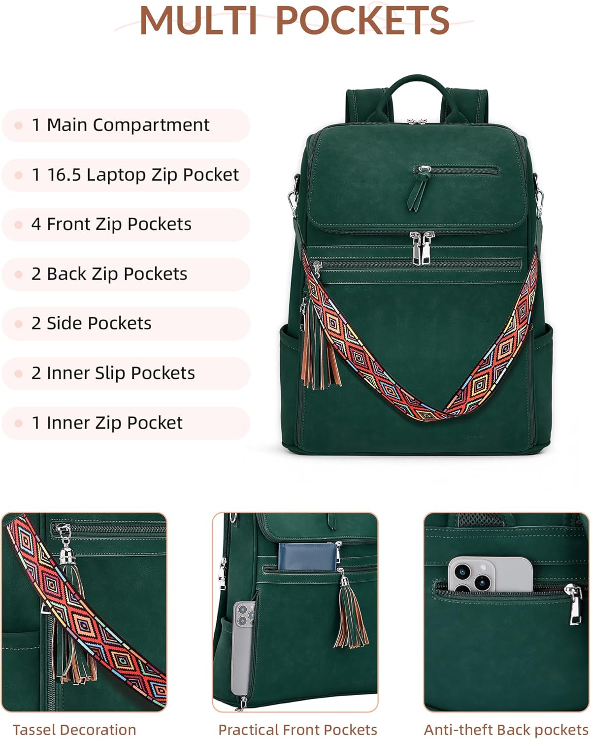 Leather Laptop Backpack for Women Designer Laptop Bag, 16.5 inch Travel Computer Backpacks Purse with Tassel for Work Business with Satchel Purse Green