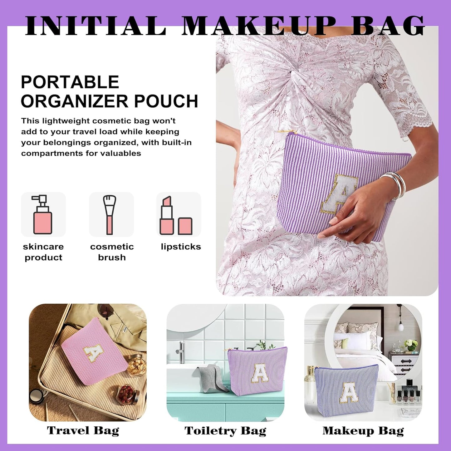 Travel Cute Makeup Bag Set - Make up Cosmetic Bag for Women, Small Makeup Bag for Purse Makeup Kit | Purple Stuff Birthday Gifts for Women Travel Essentials, Purple Letter S