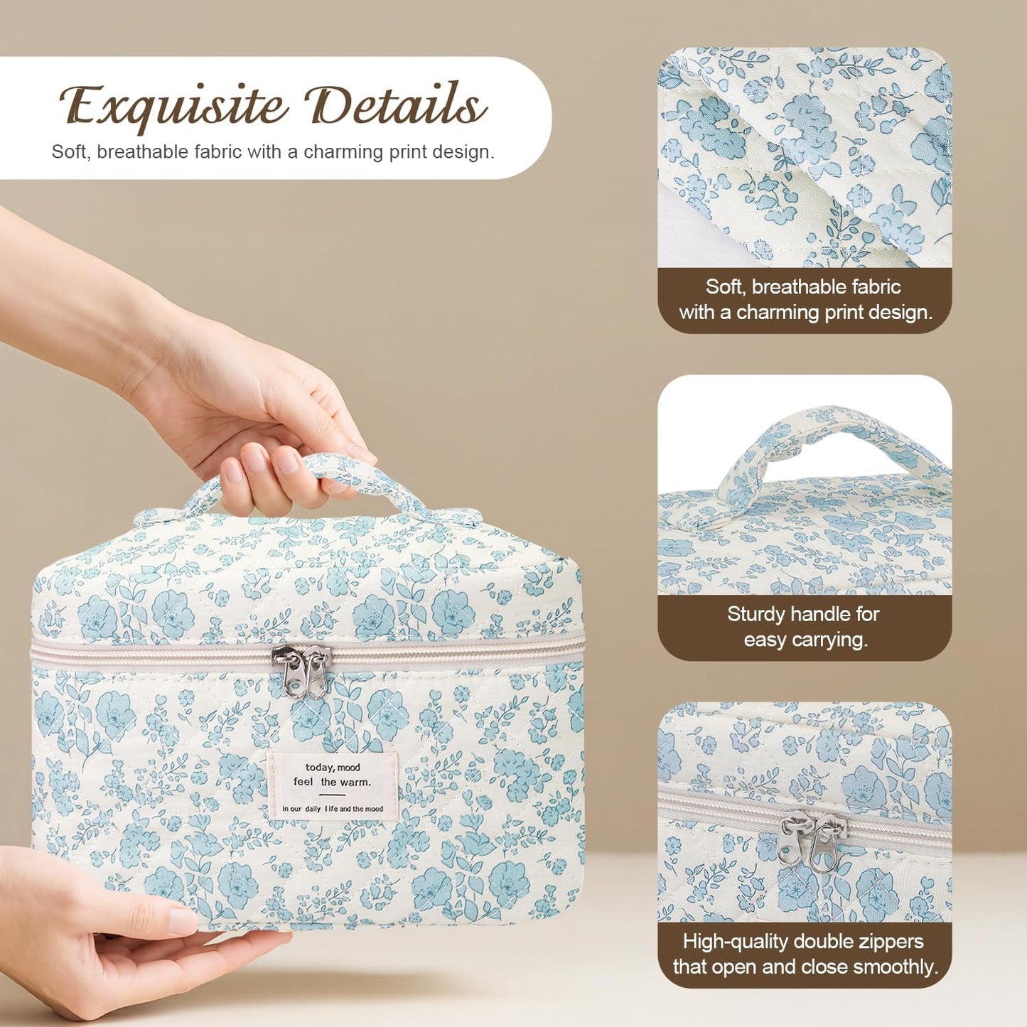 3Pcs Cotton Quilted Makeup Bag for Women Girls, Large Floral Cosmetic Bag Set Cute Makeup Brushes Aesthetic Accessories Storage Bag Travel Toiletry Bag Organizer, Little Flower Blue