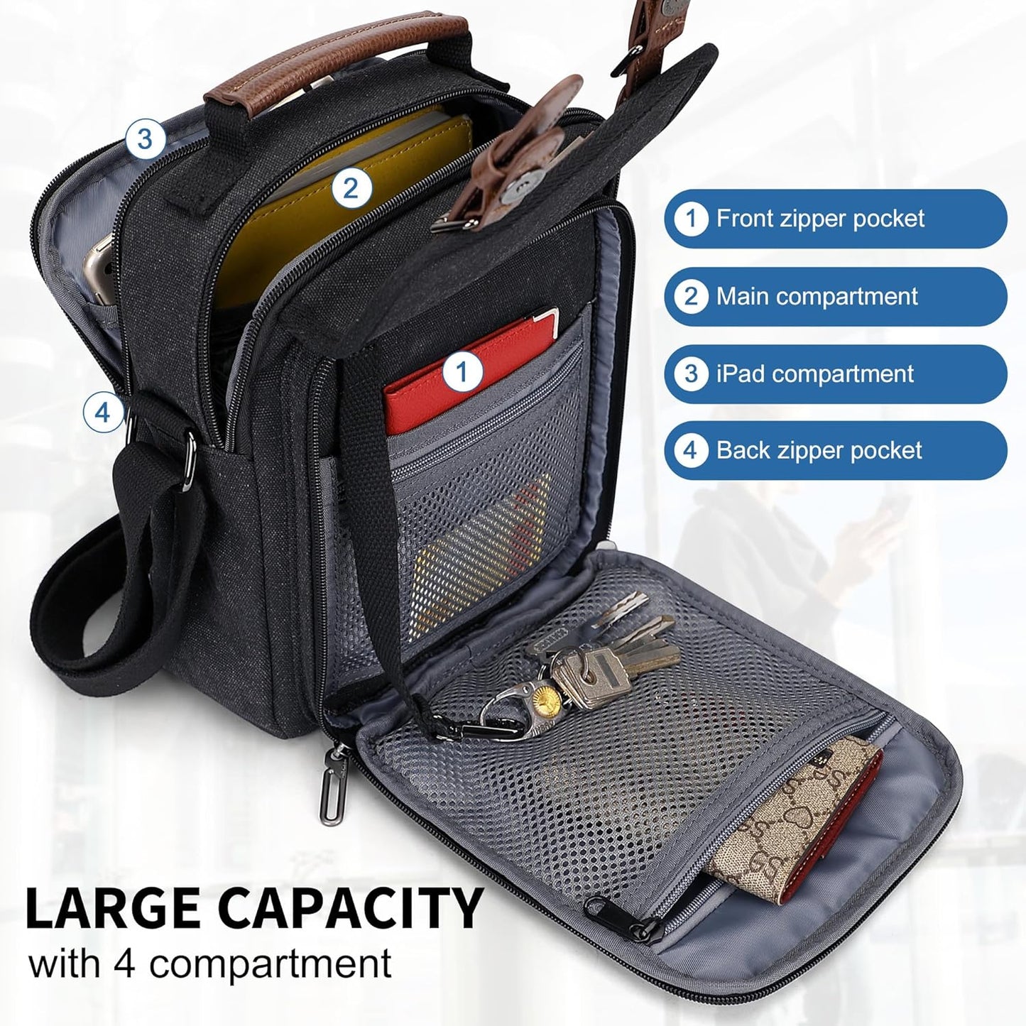 WITZMAN Canvas Small Messenger Bag for Men Crossbody Bag Multi-pocket Casual Shoulder Bag Travel Chest Bag