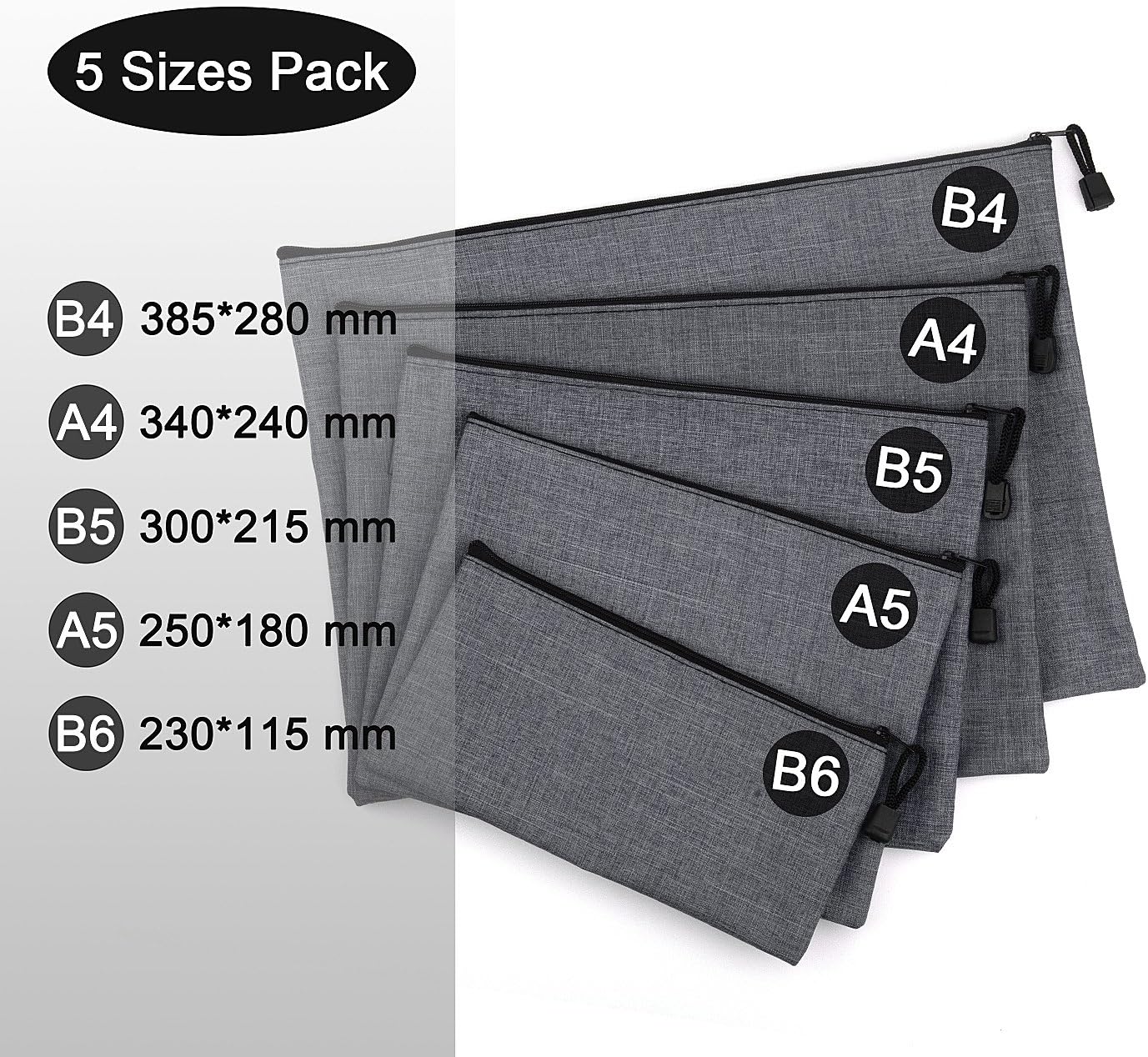 5 Pack Canvas Zipper Tool Bag Set - 5 Sizes B4 A4 B5 A5 B6, Heavy Duty Waterproof Multipurpose Utility Multi Tool Storage Pouch Case for Organizing & Sorting Household Tools, Spare Parts (Gray)