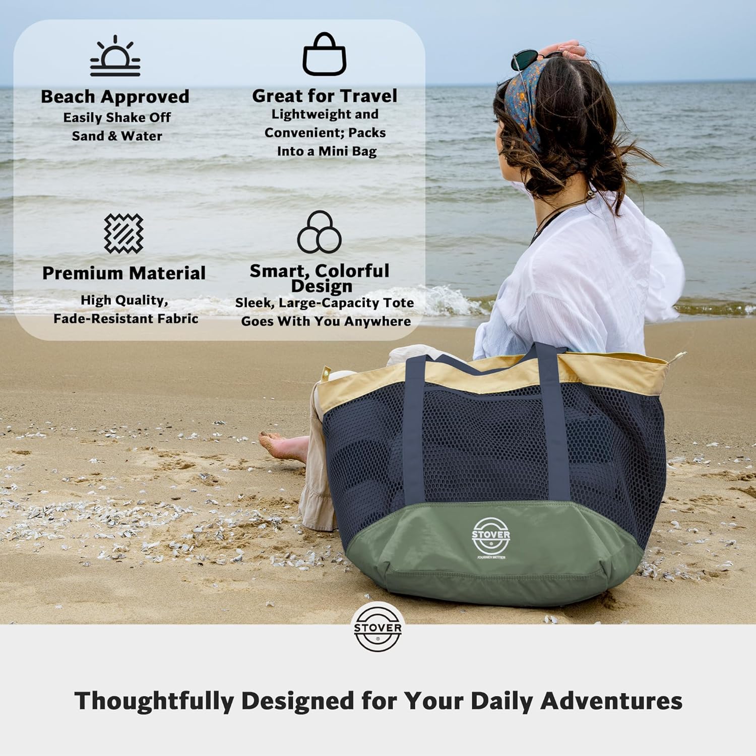 STOVER Large Mesh Beach Bag, Vacation, Pool, Shopping, & Travel Tote - Foldable w/Storage Pockets