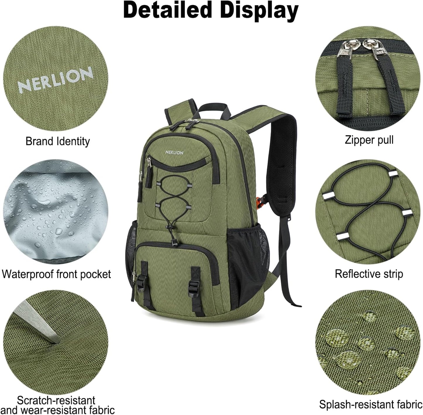 Nerlion Lightweight Foldable 35L Hiking Backpack Travel Backpack for Men Women Camping Waterproof Outdoor Hiking Daypack Backpack Green