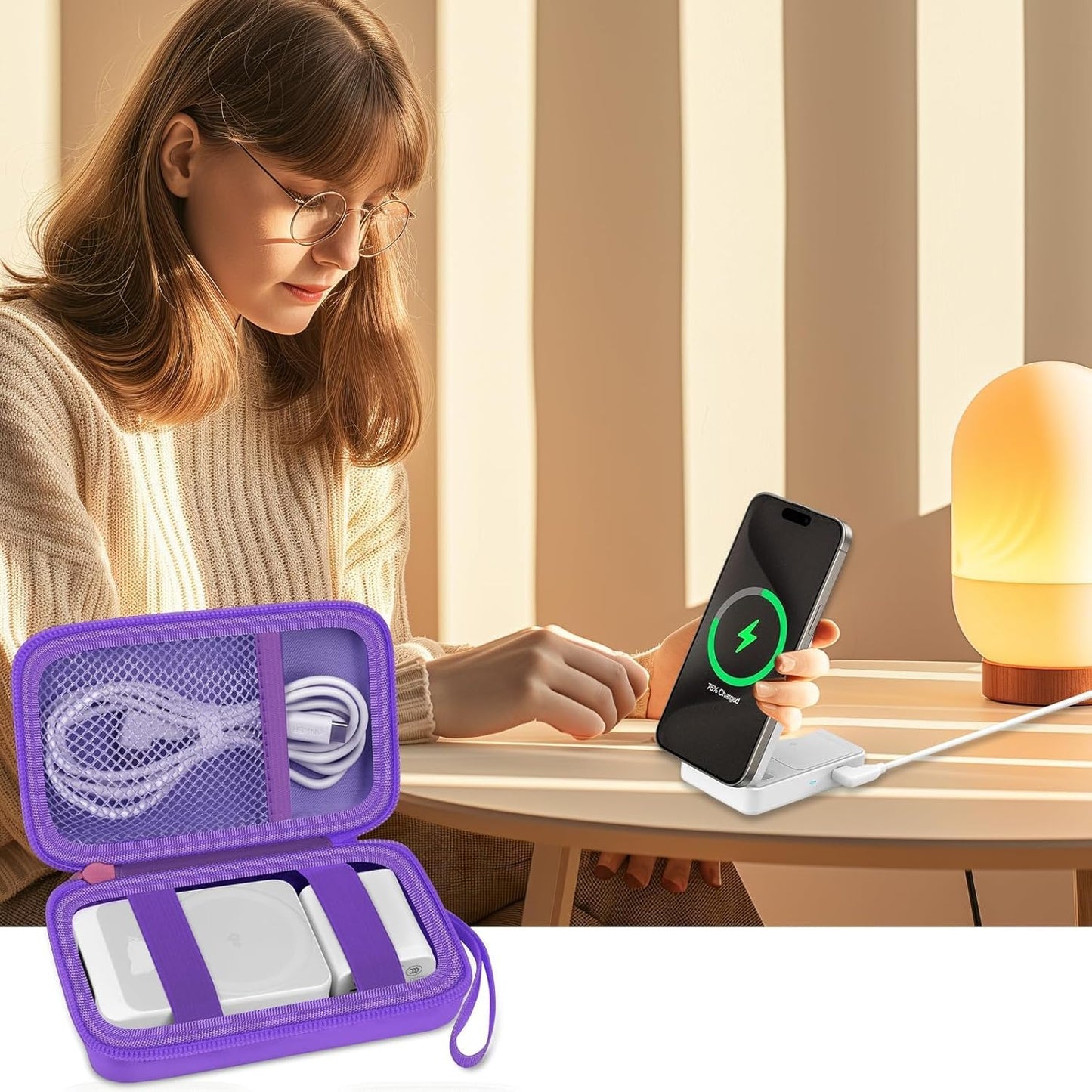 Case for Anker MagGo 3-in-1/MagGo UFO Charging Station,for Augnner for Iseyyox for Apple MagSafe Duo/for LISEN/for RTOPSMagSafe Wireless Charger Foldable Magnetic Charging Stand Storage Box-Purple