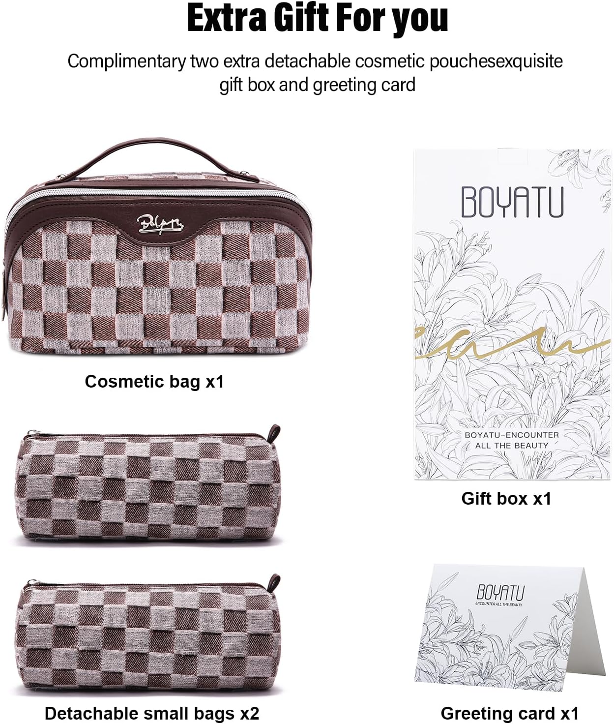 BOYATU Travel Makeup Bag for Women: Large Cosmetic Bag Set of 3 - PU Leather Make up Bag with Compartments - Compact Waterproof Toiletry Bag with Divider & Handle (D-3-Brown)