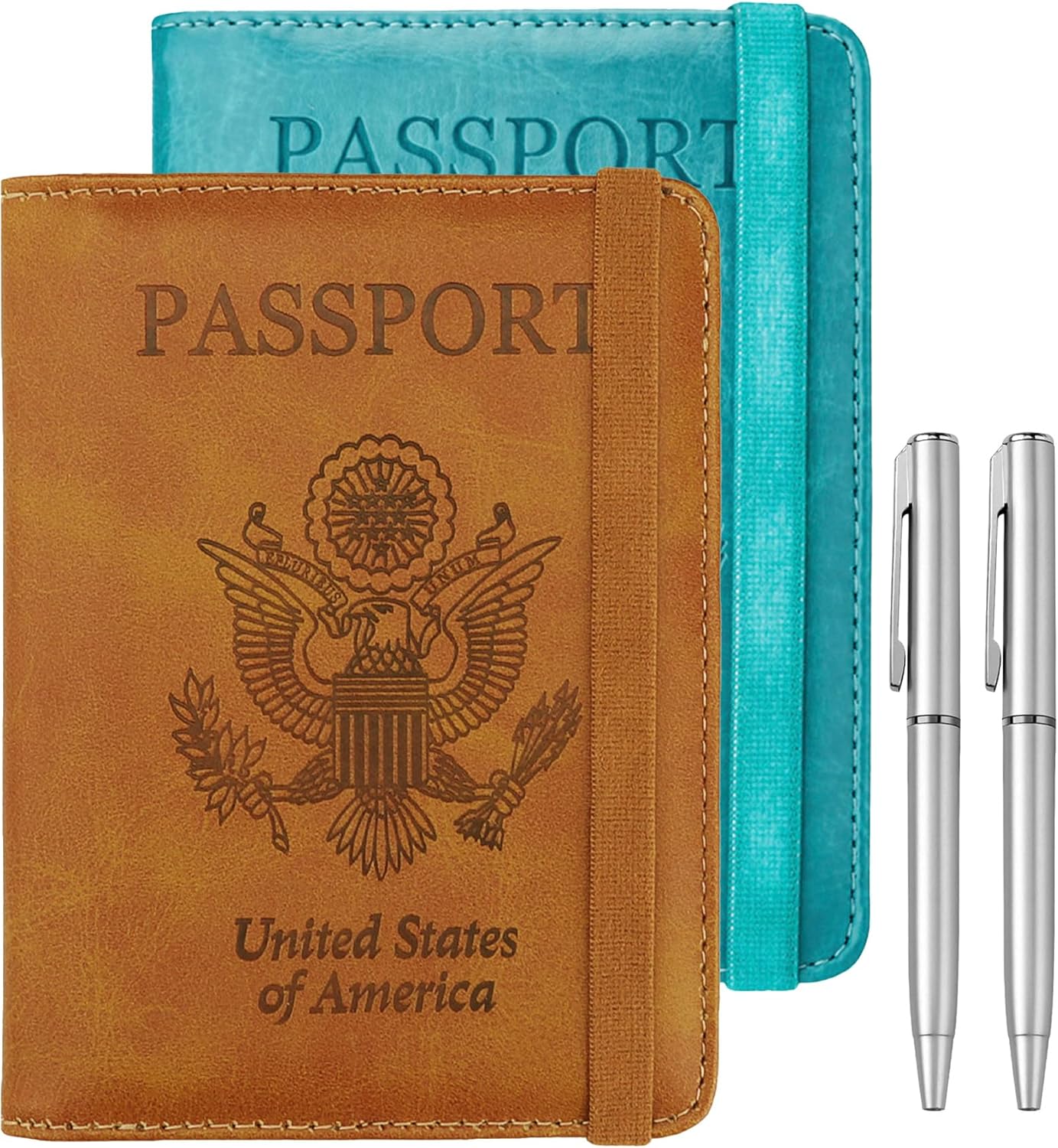 WALNEW Passport Holder for Travel, RFID Passport Cover Wallet for Women Men, PU Leather Passport Book Card Holder Case with Pen, Travelling Essentials for Flying (Elastic Band Closure, AA-Brown+Blue)
