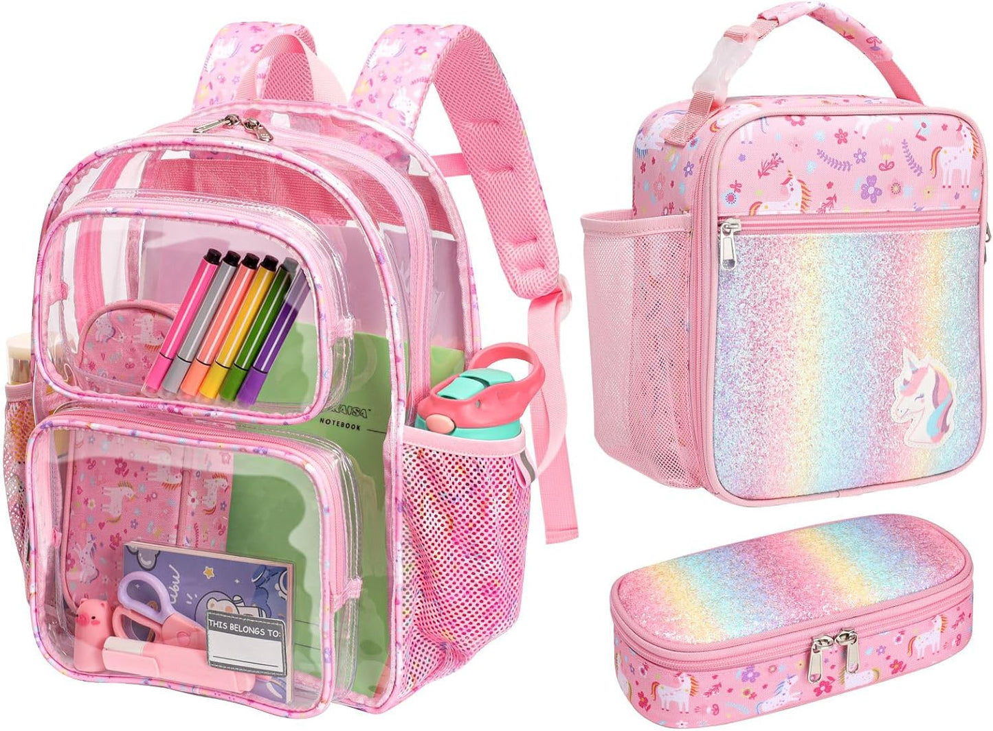 Bagseri 3pcs Clear Backpack for Girls - 15 Inch Backpack and Lunch Bag and Pencil Case Set, Heavy Duty Transparent Bookbag for School, See Through Bag for Kids Aged 3 to 8, Pink Unicorn
