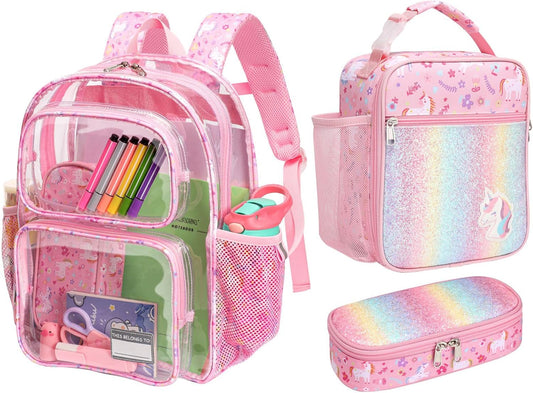 Bagseri 3pcs Clear Backpack for Girls - 15 Inch Backpack and Lunch Bag and Pencil Case Set, Heavy Duty Transparent Bookbag for School, See Through Bag for Kids Aged 3 to 8, Pink Unicorn