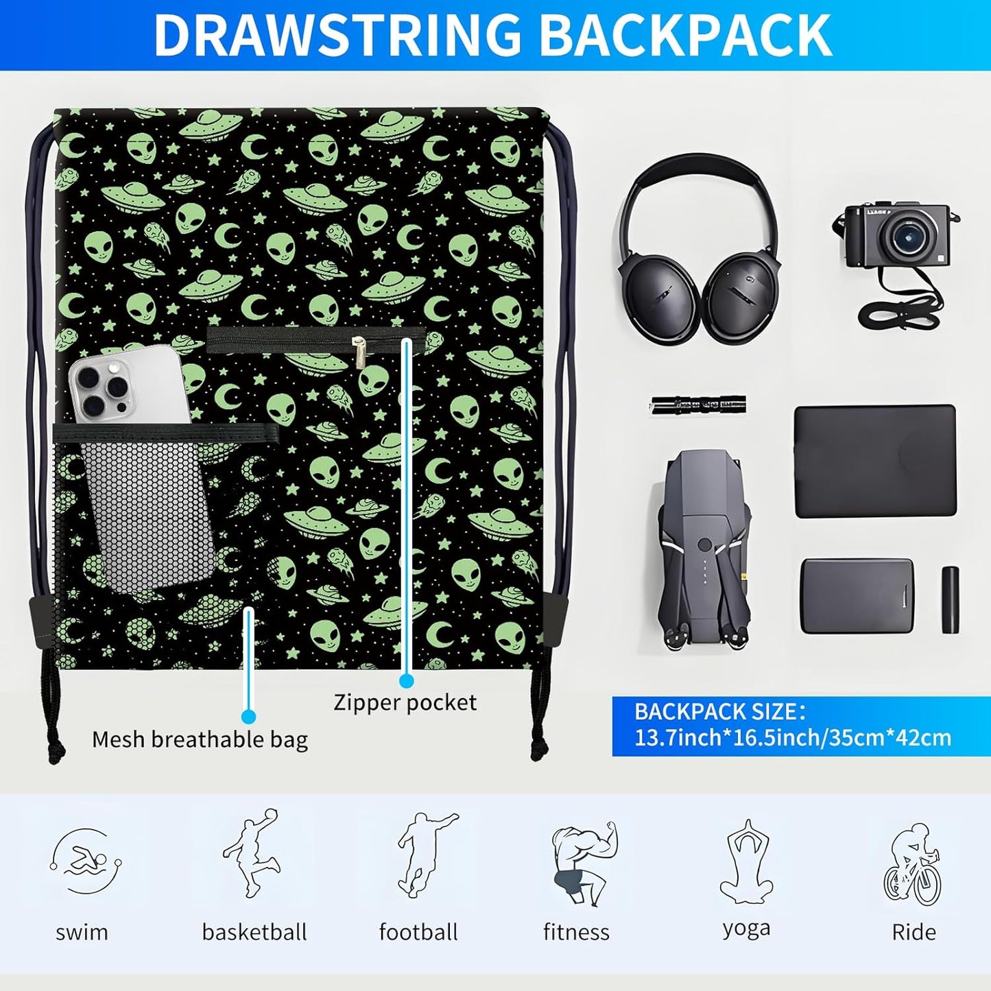 Drawstring Backpack Sports Gym Bag, Large String Swim Bag for Beach With Water Bottle Mesh Pocket, Cute Gym Sack with Zipper Pocket for Men Women Cute Green Alien