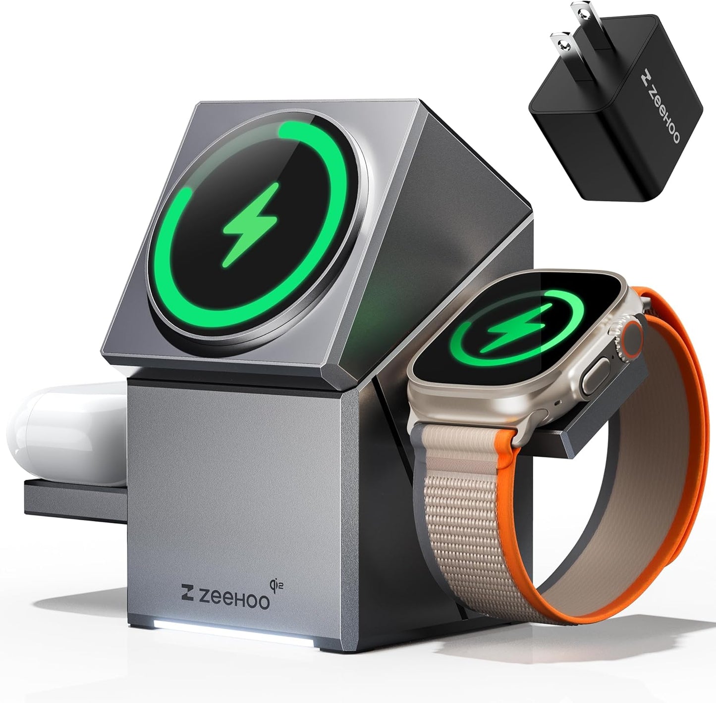 ZEEHOO 3 in 1 Charging Station for Apple, iPhone Mag-Safe Charger, Qi2 Certified, Rotating Wireless Charger Stand for iPhone 17 16,15,14,13,12 Series, Apple Watch, AirPods (USB-C Charger Included)