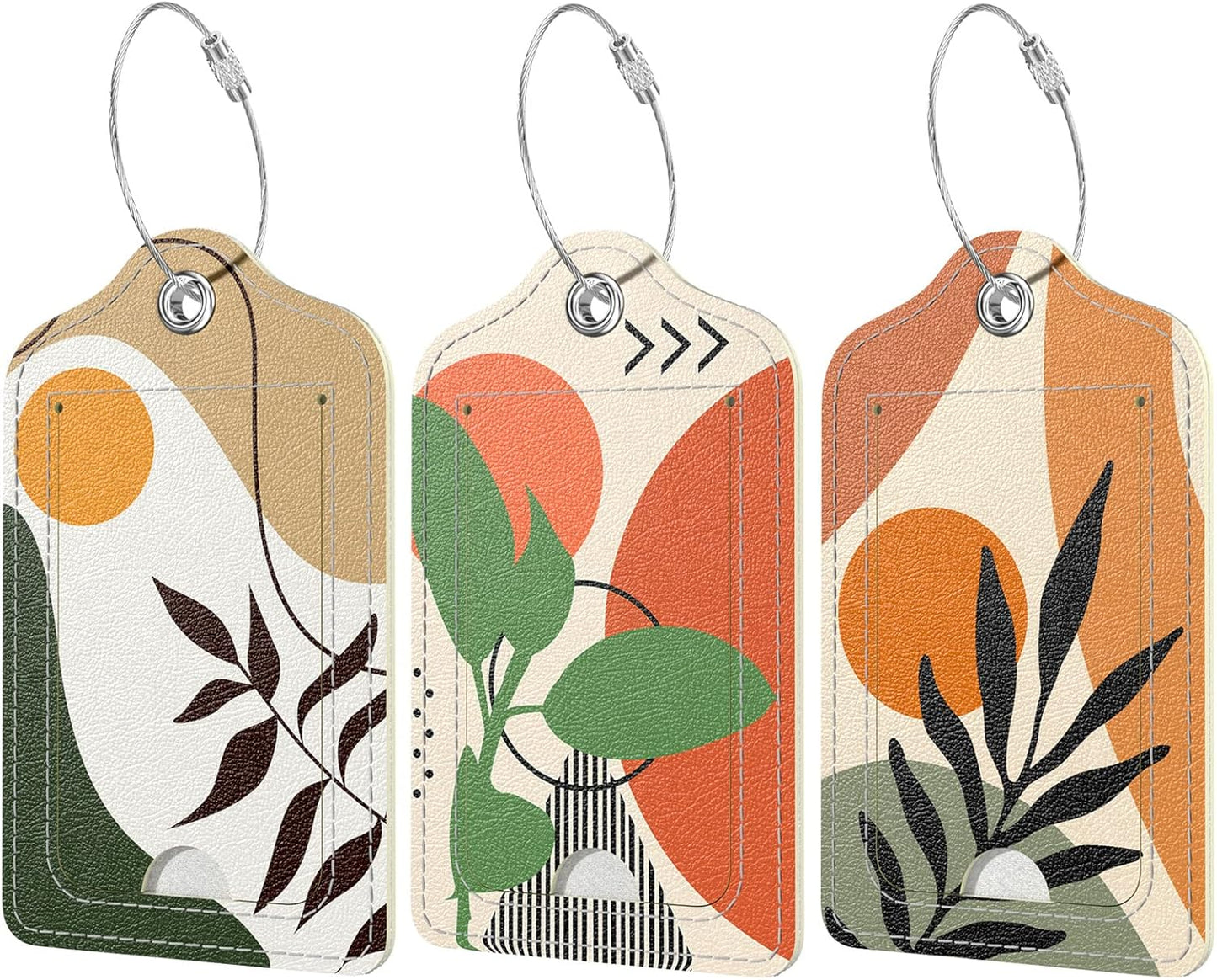 Rimilak 3 Pcs PU Leather Luggage Tags for Suitcase, Travel Cruise Luggage Tag with Privacy Flap, Name ID Label and Metal Loop for Women Men Baggage Handbag School Bag Backpack, Tropical Plant