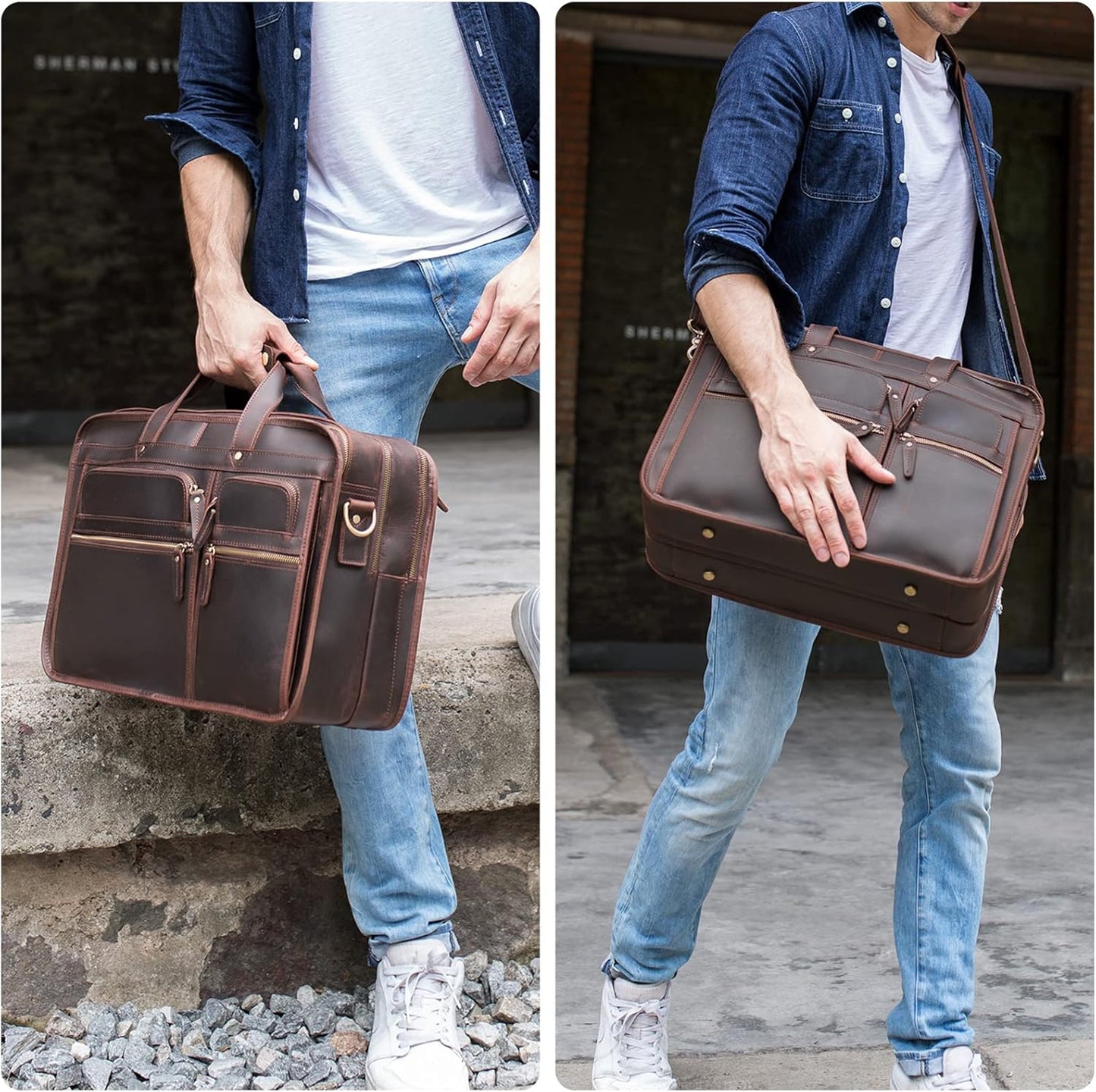 Men's Full Grain Leather Briefcase Large 17 Inch Business Travel Laptop Messenger Bag Tote with YKK