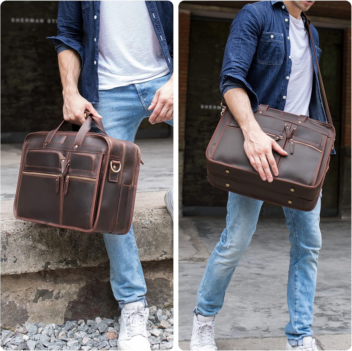Men's Full Grain Leather Briefcase Large 17 Inch Business Travel Laptop Messenger Bag Tote with YKK