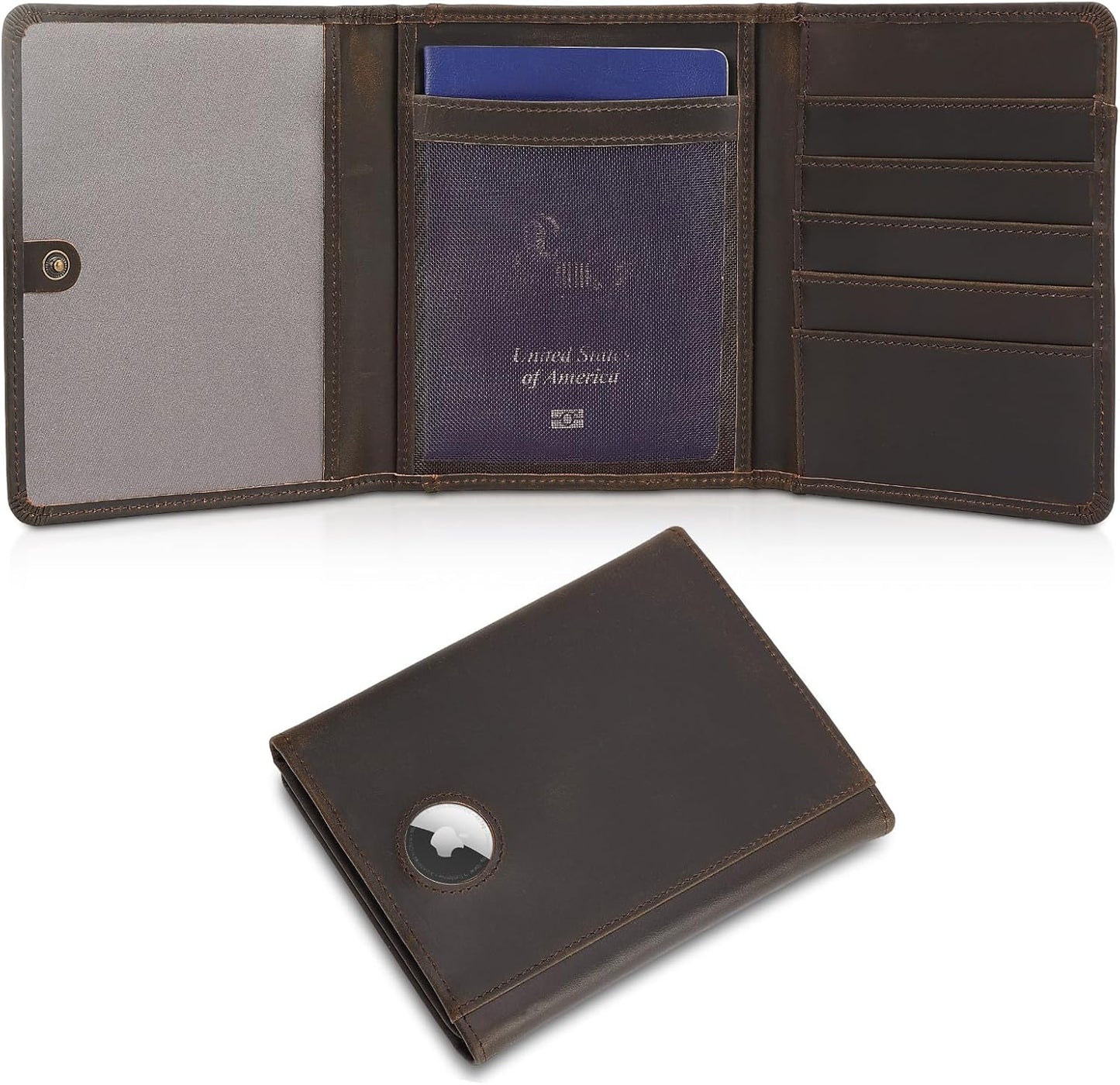 Polare Full Grain Leather Pilot Wallet Passport Holder RFID Blocking Trifold Wallet for Men Travel Cover Document Organizer for Aviation Professionals (Dark Brown with AirTag Slot)