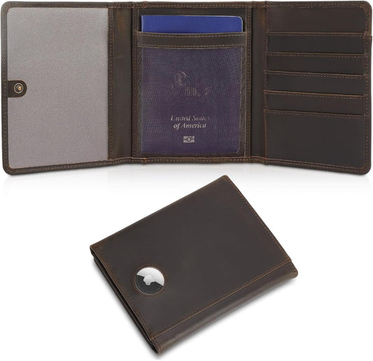 Polare Full Grain Leather Pilot Wallet Passport Holder RFID Blocking Trifold Wallet for Men Travel Cover Document Organizer for Aviation Professionals (Dark Brown with AirTag Slot)
