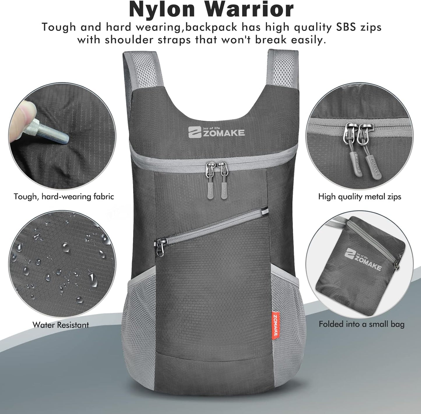 ZOMAKE Lightweight Packable Backpack 14L, Foldable Backpacks Small Daypack Hiking Daypacks Water Resistant Day Bag for Travel(Medium Grey)